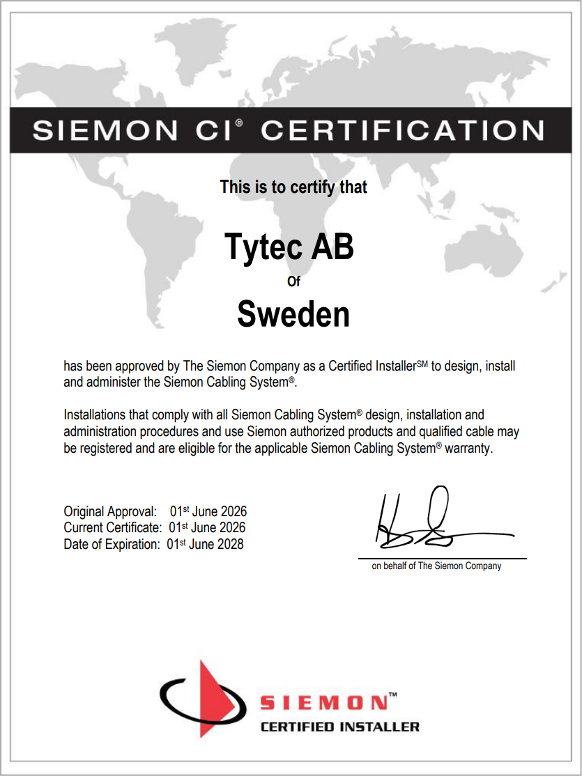 TYTEC Achieves Siemon Certified Installer Status: Delivering Certified Structured Cabling Solutions with 25-Year Warranty Protection Across Sweden and the Nordics