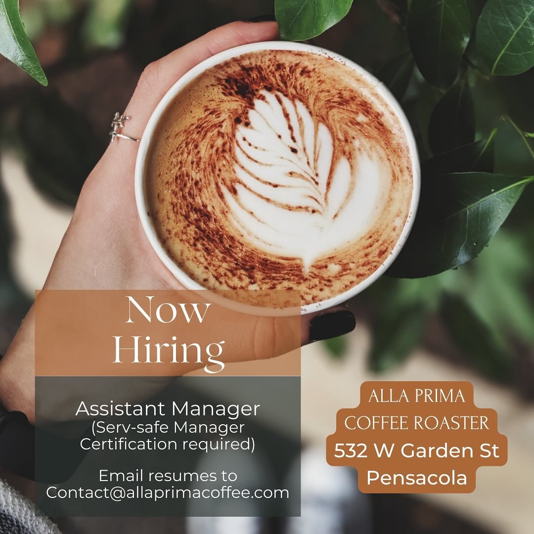 We&rsquo;re growing and expanding! To help everyone have a little room to breathe, we&rsquo;re hiring an assistant manager for our specialty coffee shop in downtown Pensacola. Send us your resume via email or drop it by in person! Can&rsquo;t wait to