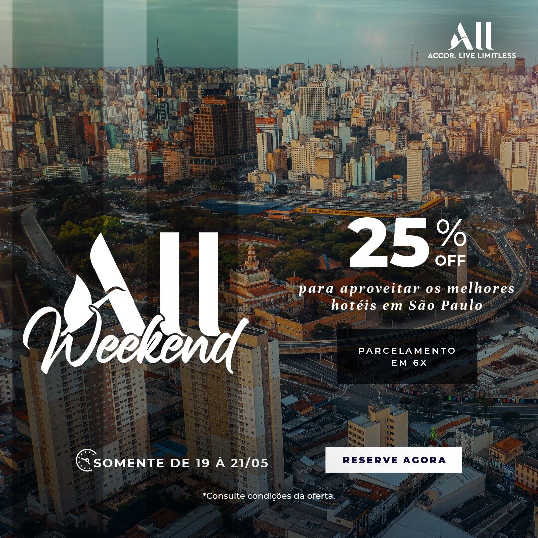 Come&ccedil;ou agora: ALL WEEKEND! Reserve at&eacute; 21/05 e garanta sua hospedagem para aproveitar os melhores hot&eacute;is em S&atilde;o Paulo.

#ALLweekend @all.br