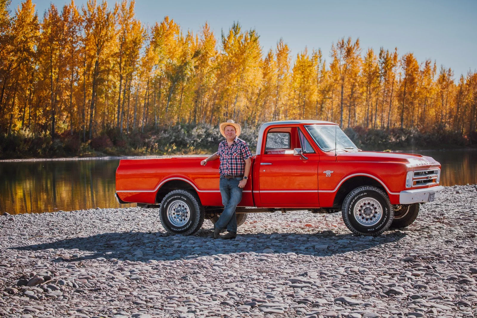 Kyle Waterman with his 67' Chevy Pickup "Gloria" on the Flathead River near Steel Bridge Rd