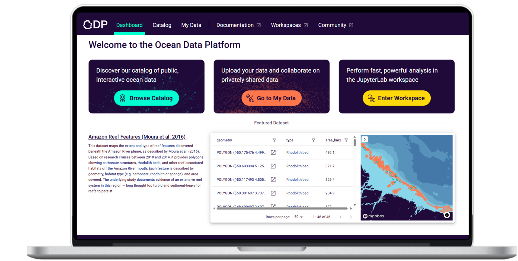 Image of the Ocean Data Platform: open geospatial platform for oceanographic data featuring searcheable marine datasets catalog, metadata, API access, ocean data visualization and ocean data view, and integrated workspace  for marine analytics