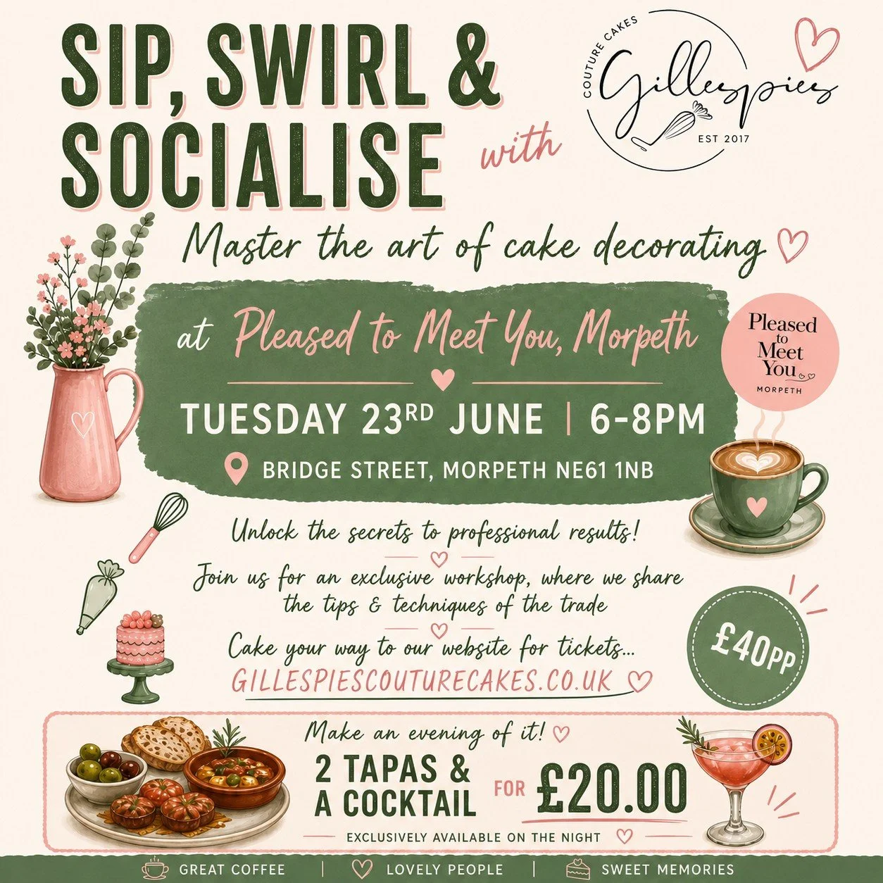 Something a little different for your diary 🍰

Sip, swirl &amp; socialise with @gillespies_couture_cakes at Pleased to Meet You, Morpeth, an evening of cake decorating, cocktails and good company.

Tuesday 23rd June | 6&ndash;8pm

Plus, make an even