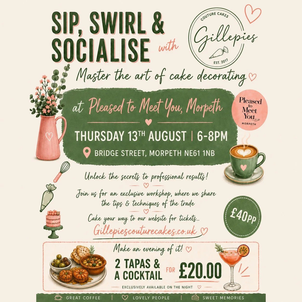 With our first Sip, Swirl &amp; Socialise event on 23rd June proving so popular, we've added another date 🍰

Join @gillespies_couture_cakes for an evening of cake decorating, cocktails and plenty of time to socialise along the way 🍸

📍 Thursday 13