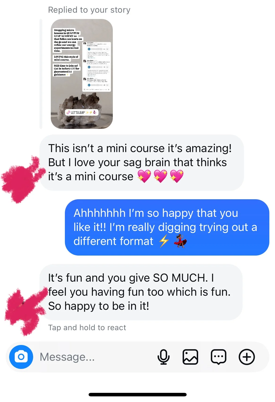 Screenshots of a chat conversation discussing a mini course, with a small preview image of the course at the top, showing text about micro lessons, a sage, and the phrase 'LET'S LEAP'.