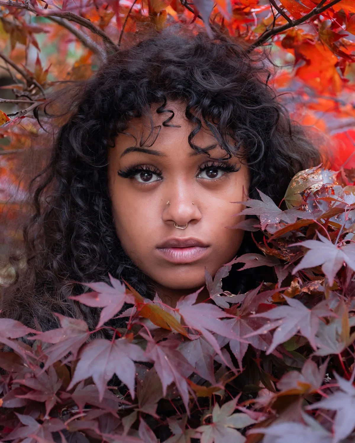 Close-up of a young woman with curly black hair and expressive eyes, surrounded by vibrant red and purple autumn leaves.