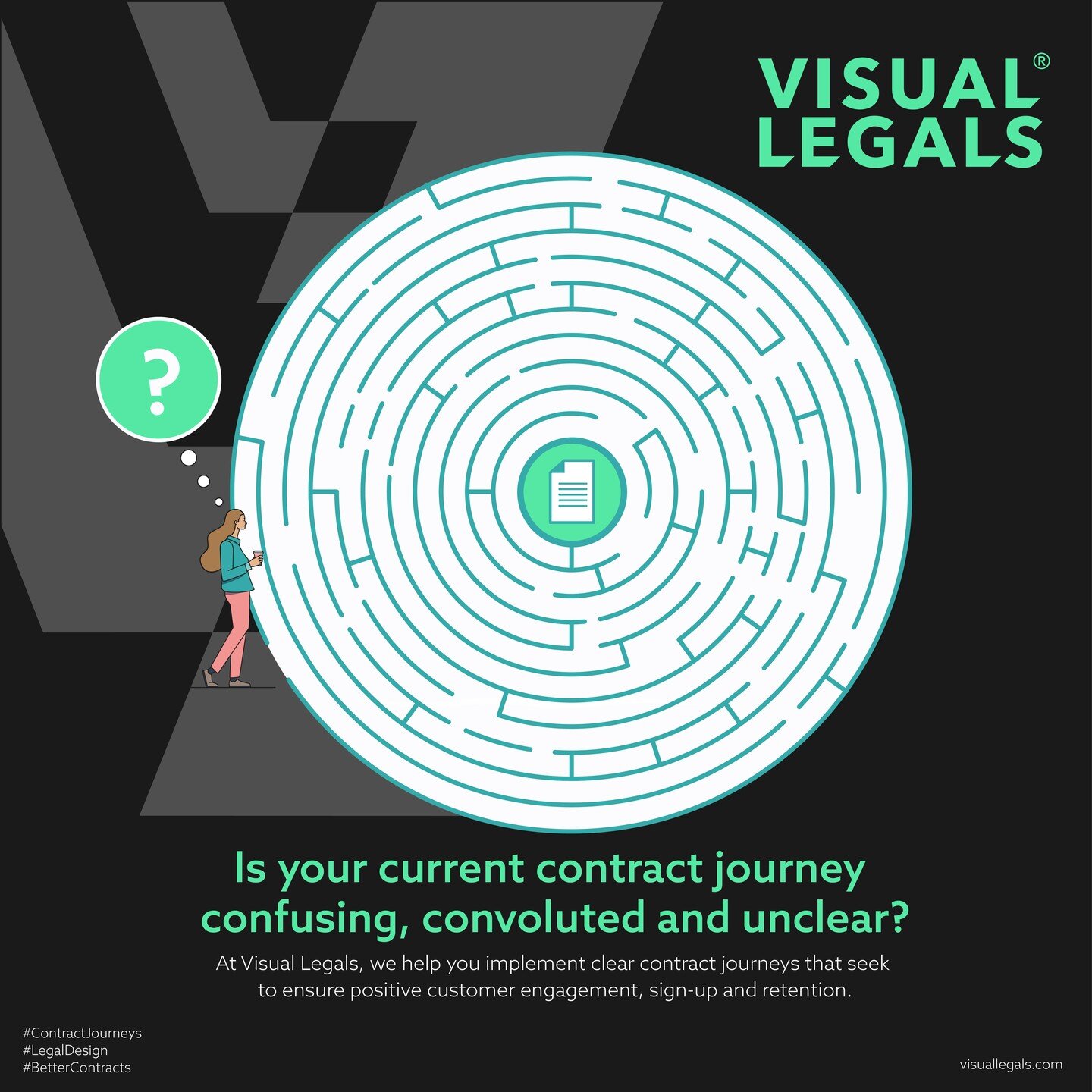 Is your current contract journey confusing, convoluted and unclear?

At Visual Legals, we help you implement clear contract journeys that seek to ensure positive customer engagement, sign-up and retention.

#ContractJourneys
#LegalDesign
#BetterContr