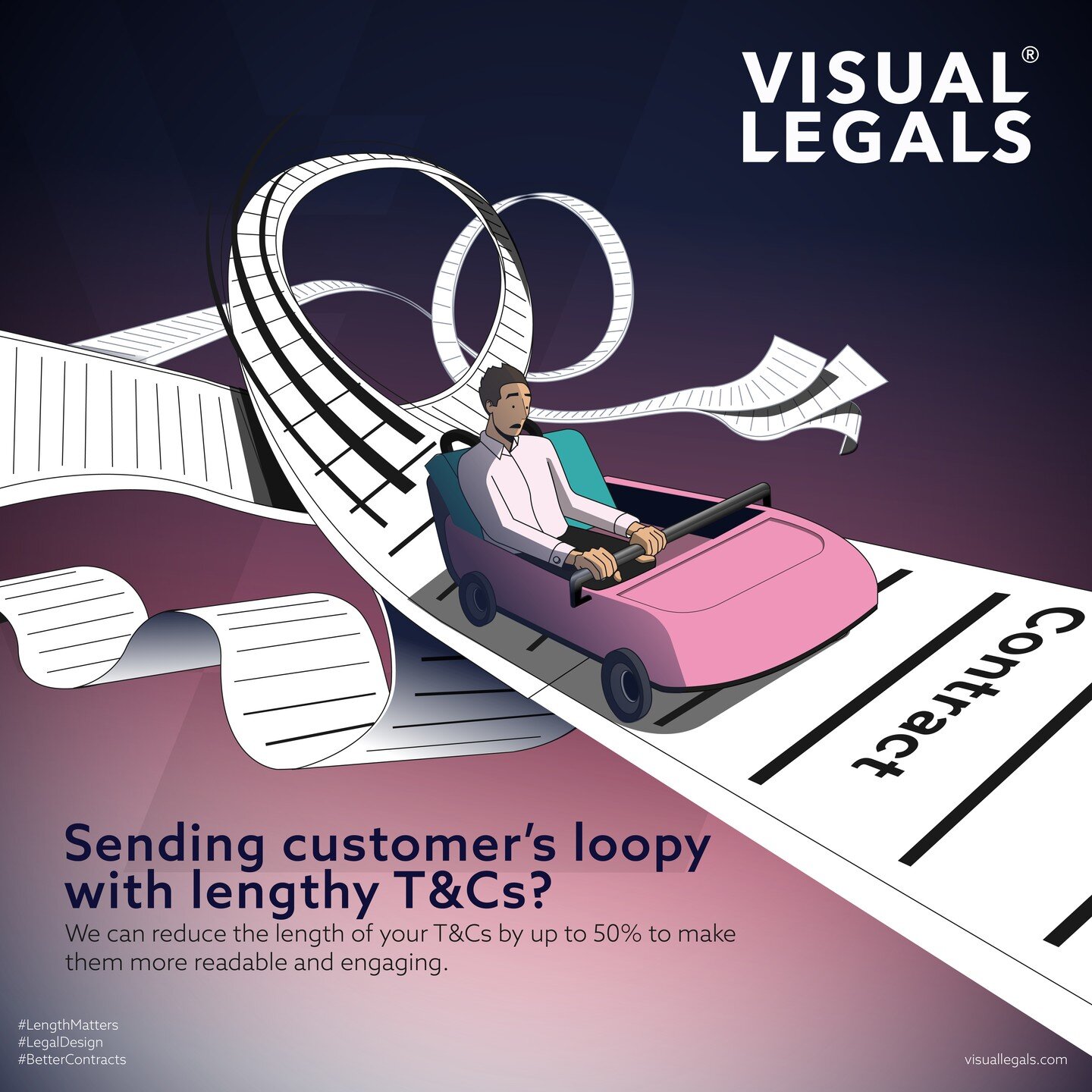 Sending customer's loopy with lengthy T&amp;Cs? We can reduce the length of your T&amp;Cs by up to 50% to make them more readable and engaging.

#LengthMatters
#LegalDesign
#BetterContracts
