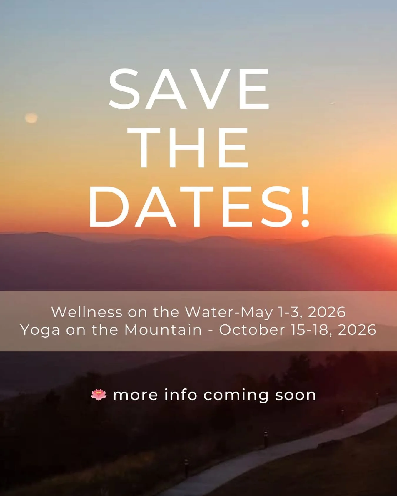 ✨ Save the dates ✨
Two beloved gatherings are returning in 2026 &mdash; and we couldn&rsquo;t be more grateful to share what&rsquo;s ahead.
🌊 Wellness on the Water
May 1&ndash;3, 2026
⛰️ Yoga on the Mountain
October 15&ndash;18, 2026
Spaces of resto