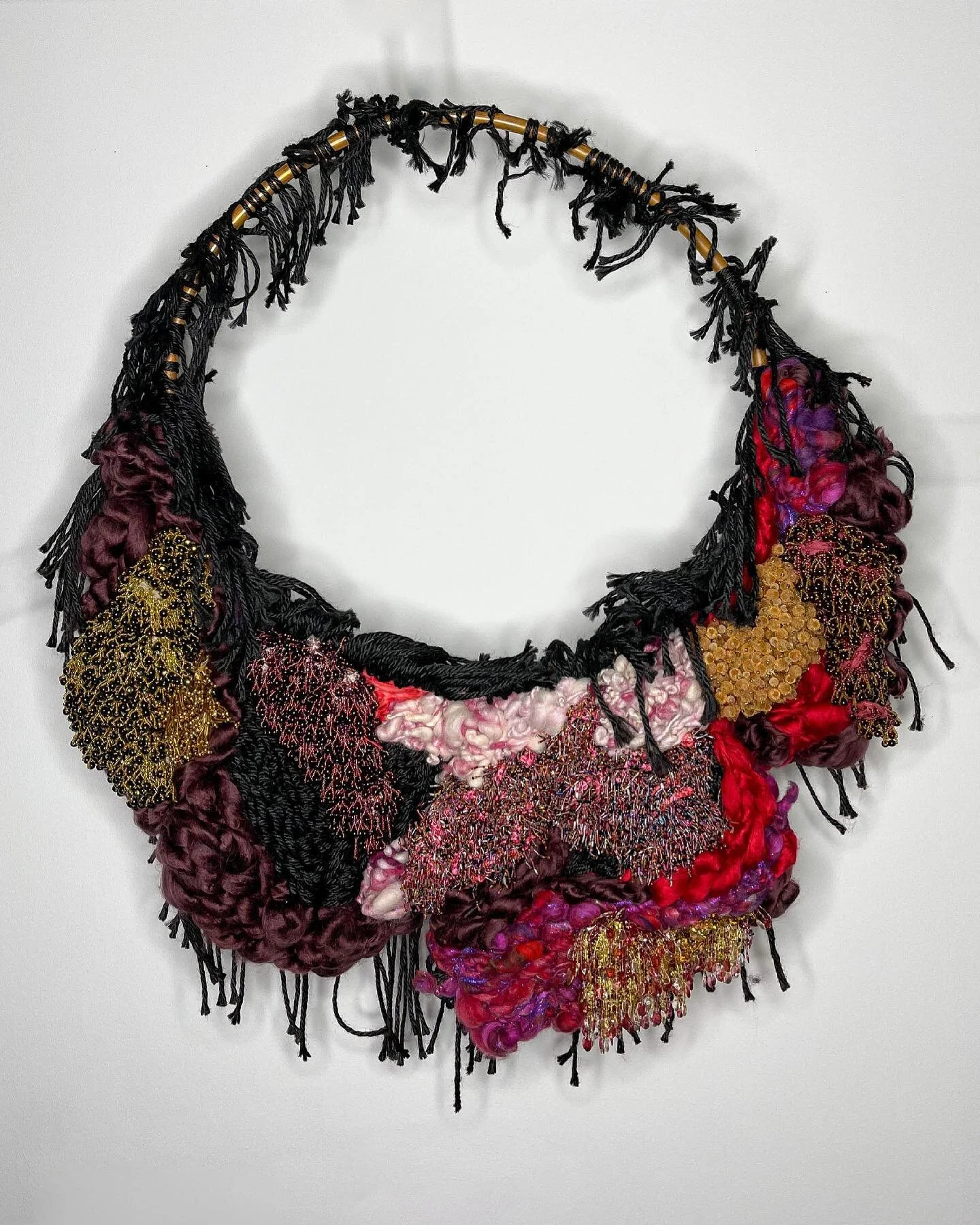 I am really happy with this new direction of my work. A couple months back, my very first circle weaving was damaged in the move to my new studio. I was very disappointed at first. But, I used it as an apportioning to add to it and to rework the piec