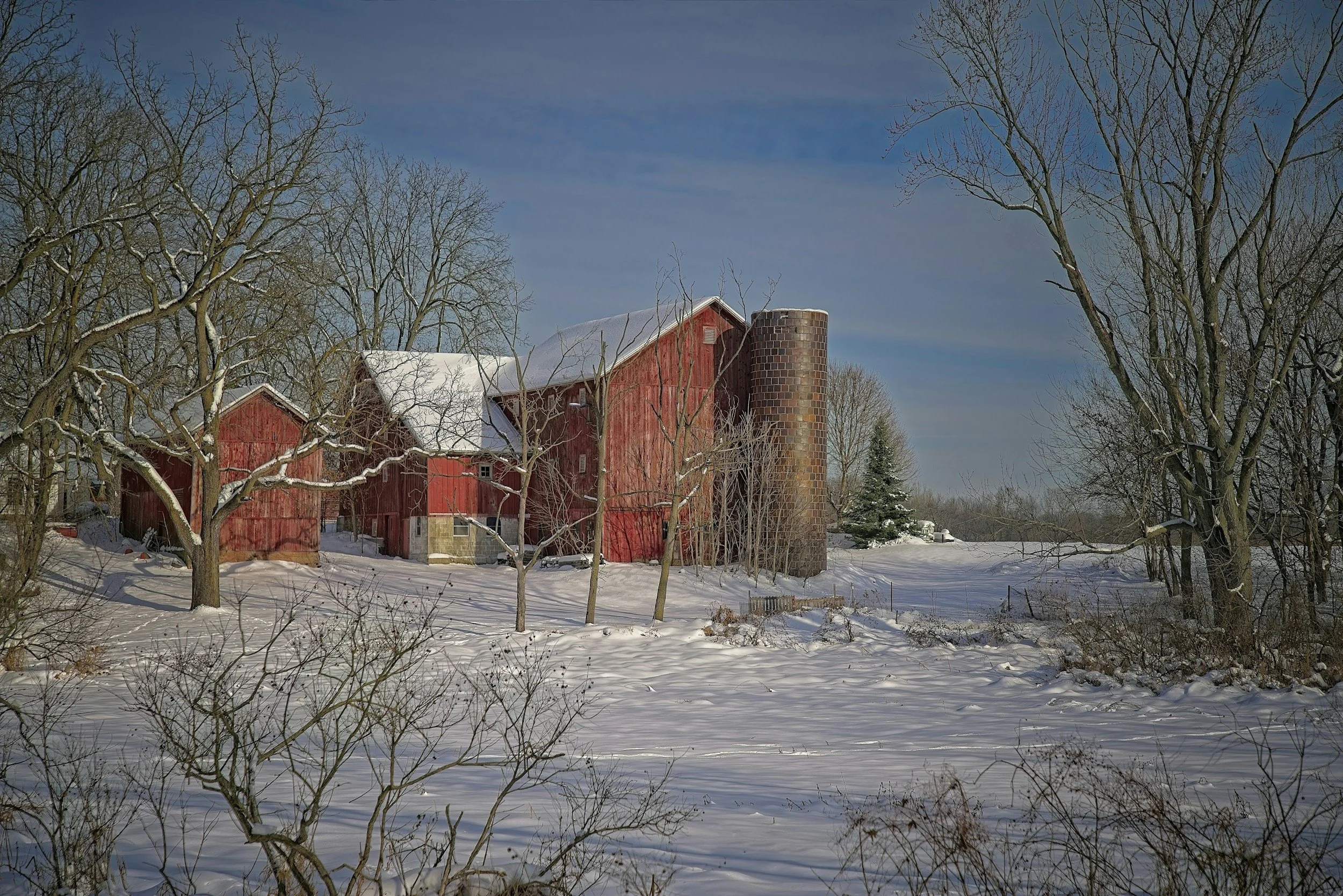 Snow-covered farm with red barn, silo, leafless trees, and a clear blue sky.