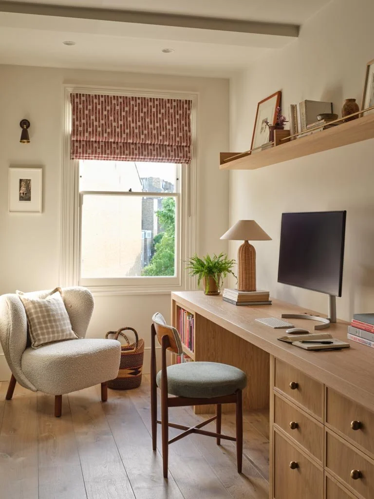 Contemporary home office in London townhouse with bespoke desk and shelving