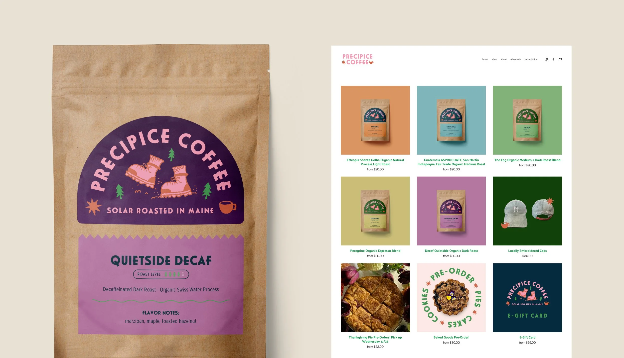 Packaging of Precipice Coffee Quietside Decaf with a label showing Maine location, roast level, flavor notes, and a colorful logo featuring hiking boots, trees, and a coffee cup, next to a website displaying various coffee products and merchandise.