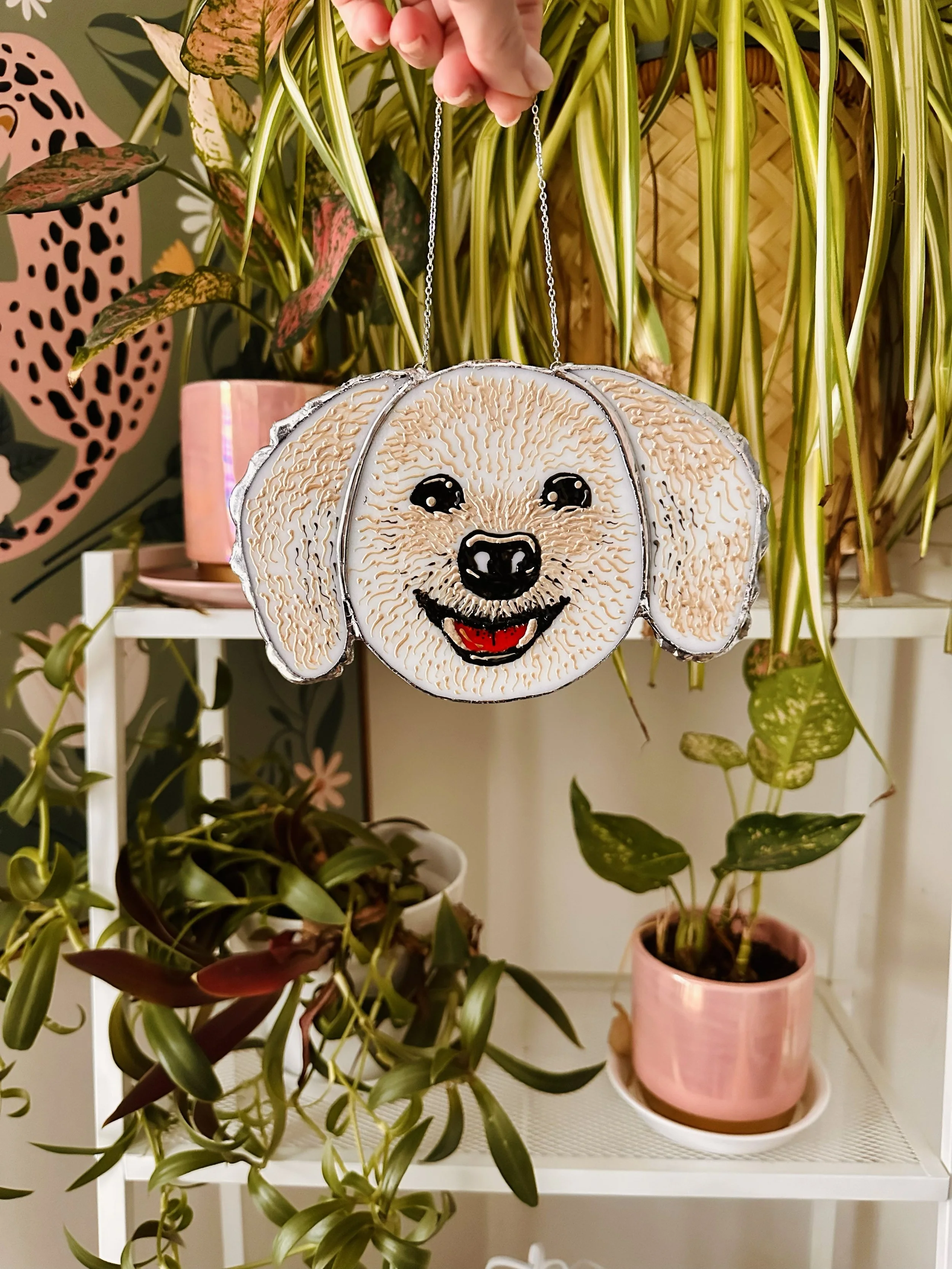 white dog stained glass