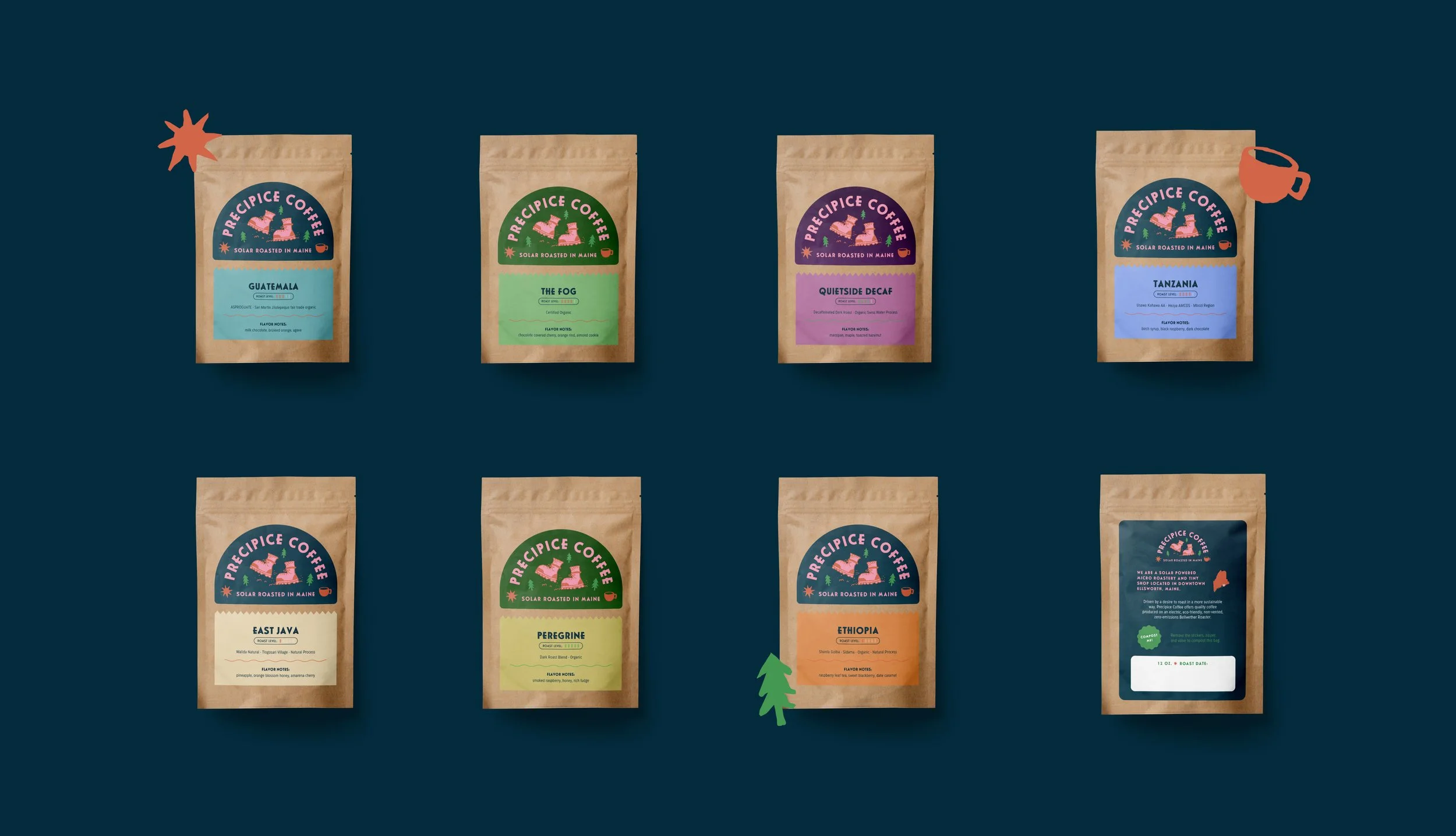 Collection of eight bags of coffee with different regional labels on dark background with small leaf and coffee cup icons.