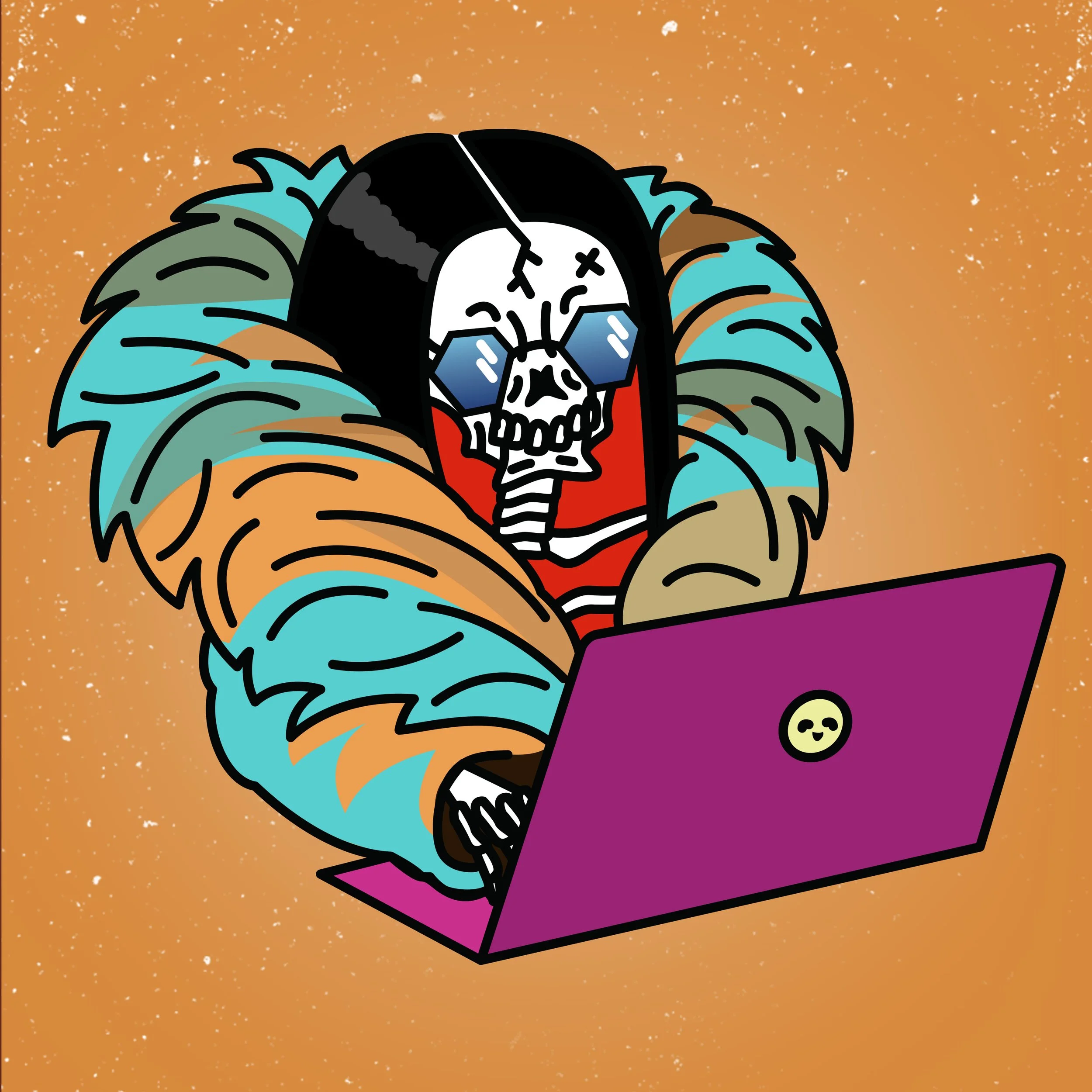 illustration of a skeleton wearing a fur coat on a laptop