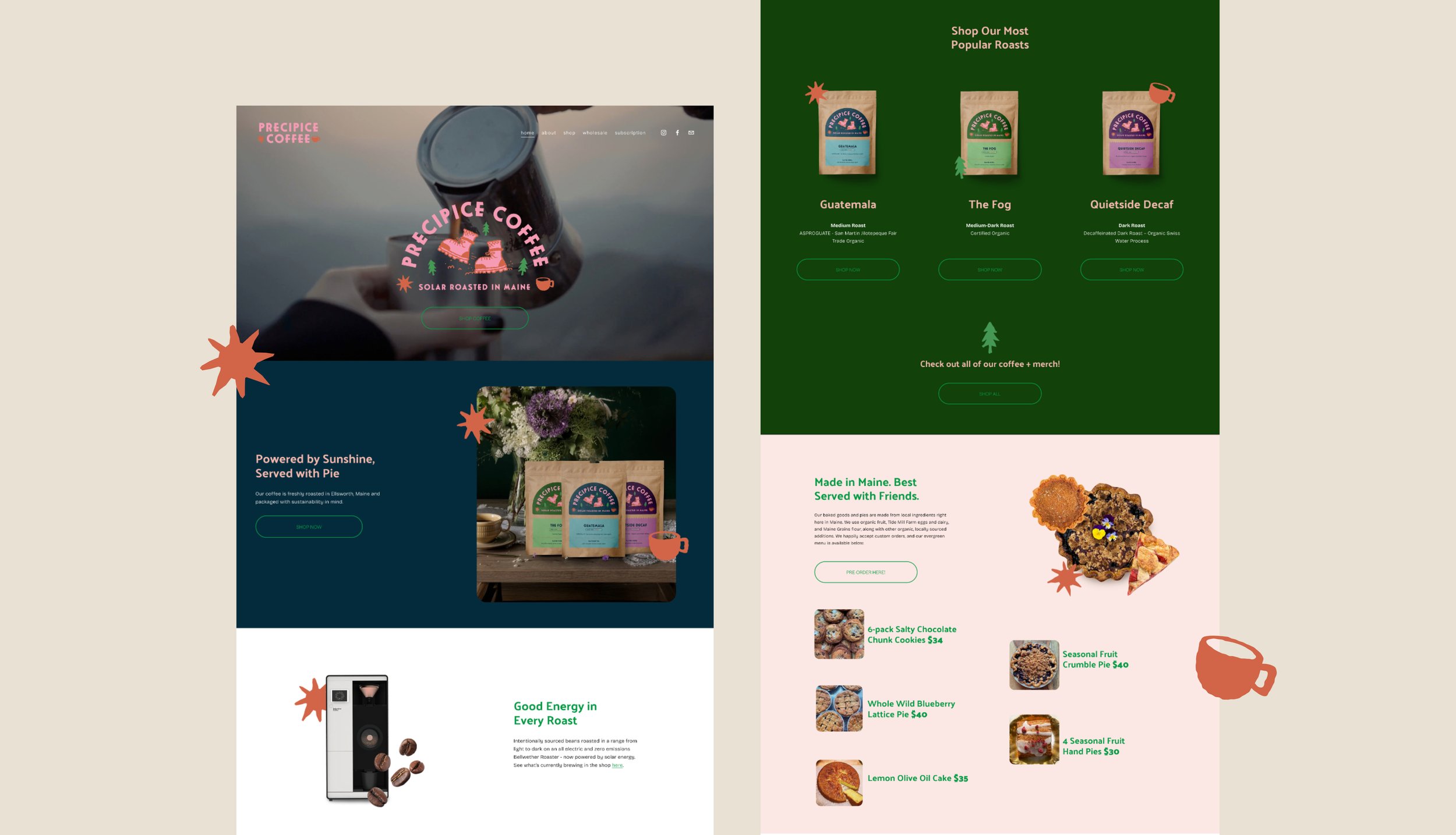 A website homepage for Precipice Coffee displaying coffee packages, brewing equipment, and various coffee products and merchandise, with sections for coffee roasts, merchandise, and baked goods, featuring earthy and green color schemes.