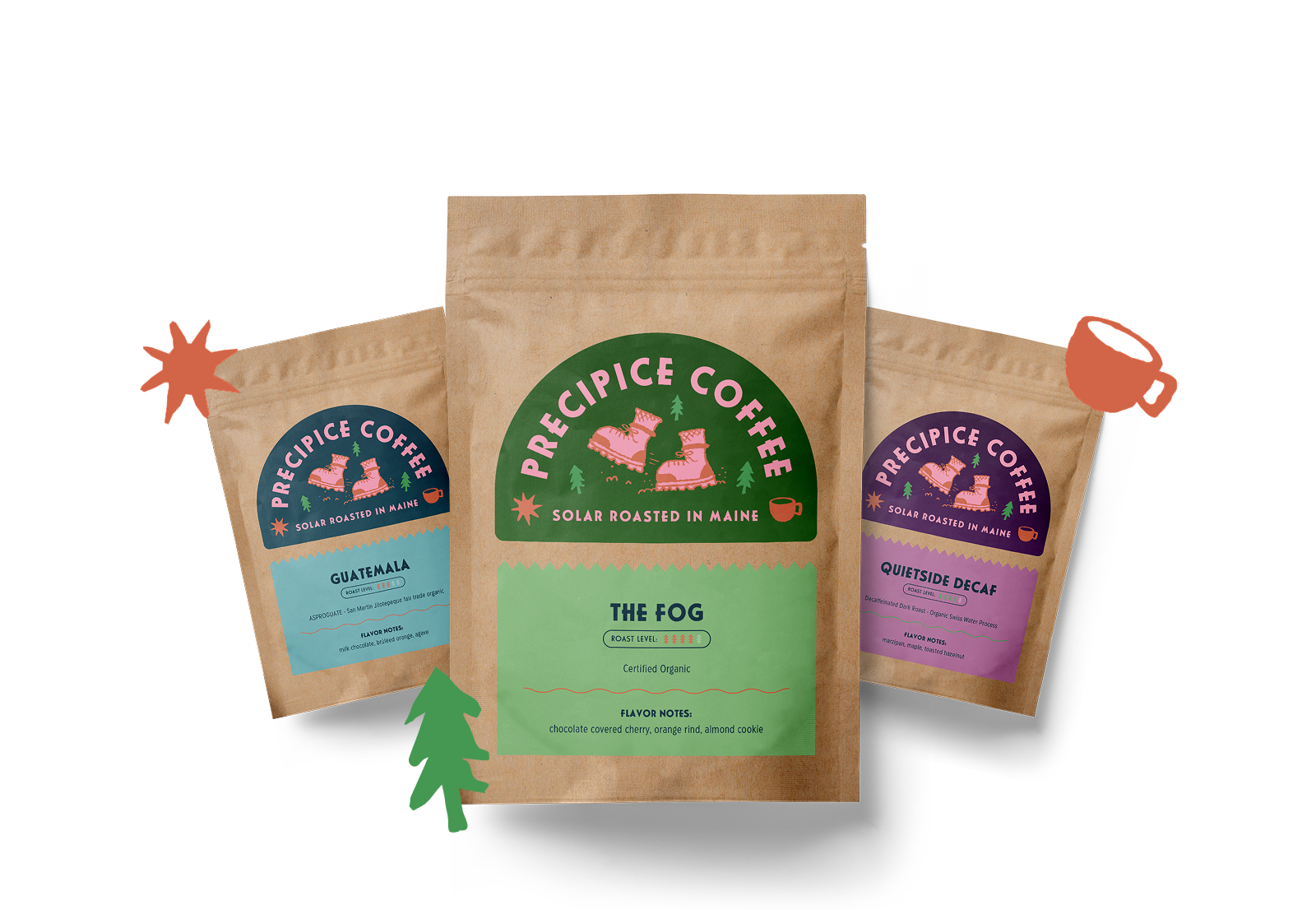 Three packages of Precipice Coffee with a nature-themed design, including pink boots, pine trees, and a sun, labeled as solar roasted in Maine; middle package named The Fog with flavor notes of chocolate covered cherry, orange rind, and almond cookie; left package Guatemala and right package Quietside Decaf, both with flavor notes and roast levels.
