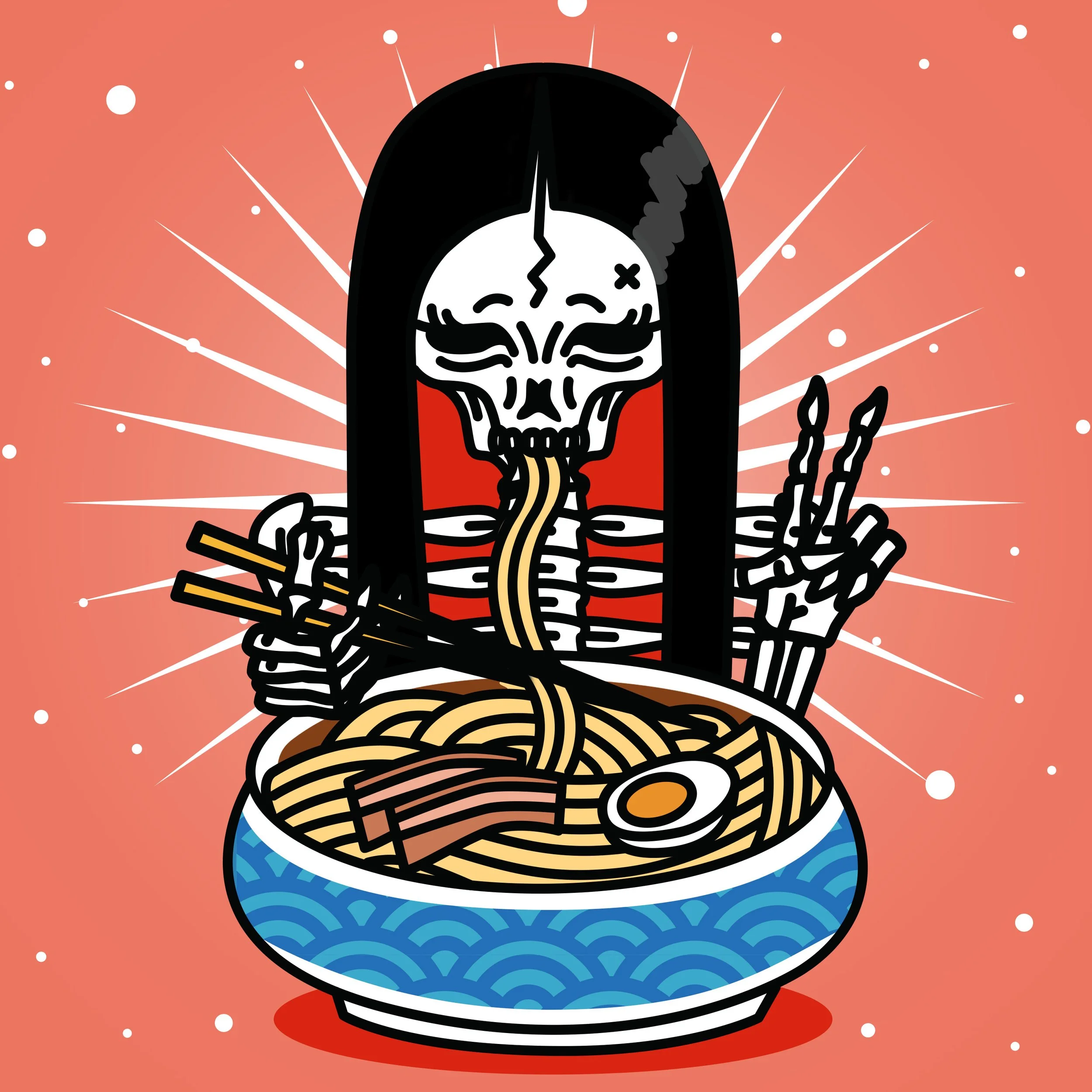 illustration of skeleton with long black hair eating a bowl of ramen