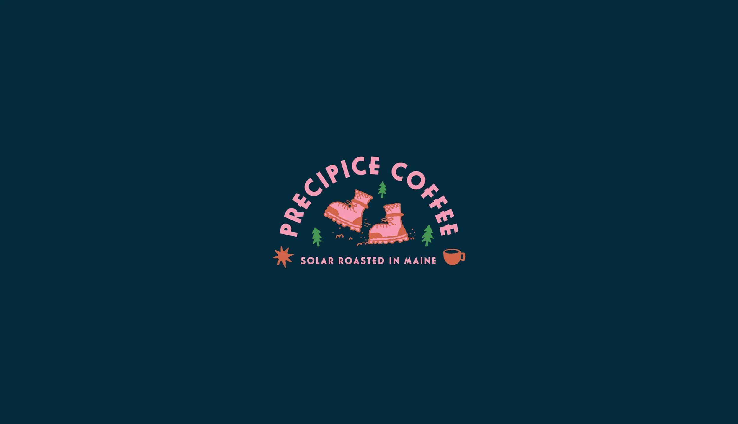 Logo for Precipice Coffee featuring pink boots, small trees, a coffee cup, and text "Precipice Coffee" and "Solar roasted in Maine" on a dark blue background.