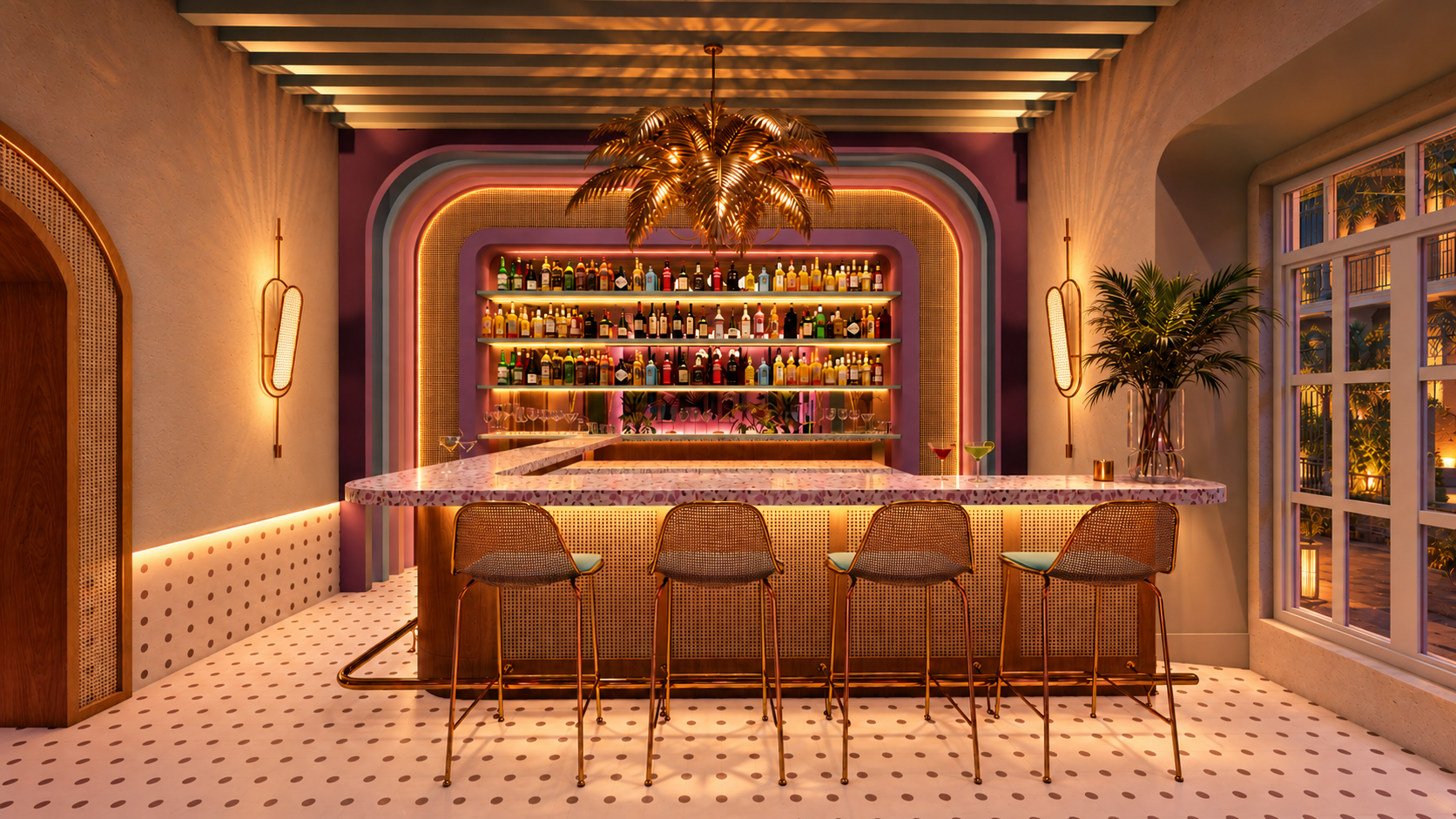 Visualización de Mercado Colón: exhibición del bar con botellas, cristalería, pajilla y chandelier de palmas doradas.