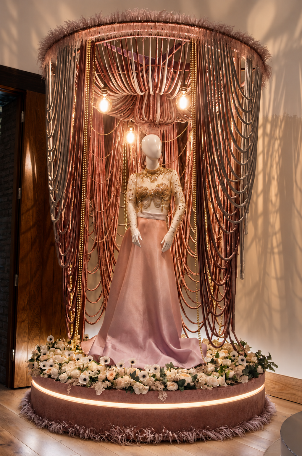 Vista frontal del maniquí femenino entre drapeados y flores, Bridal Fashion Week 2024.