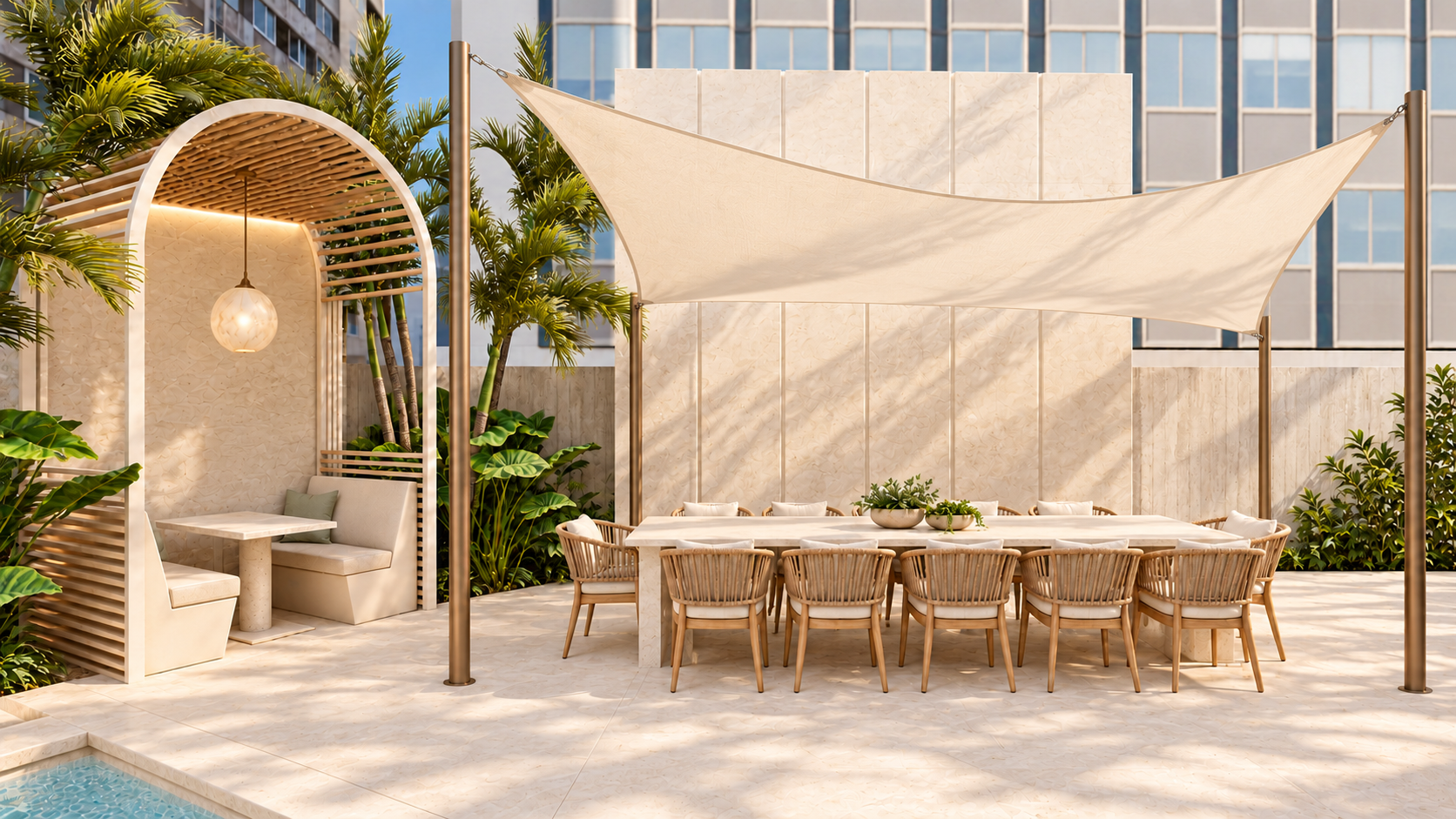 Comedor exterior de Wind Tower con mesa de piedra, sillas de madera y velaria ivory tensada sobre postes bronce.