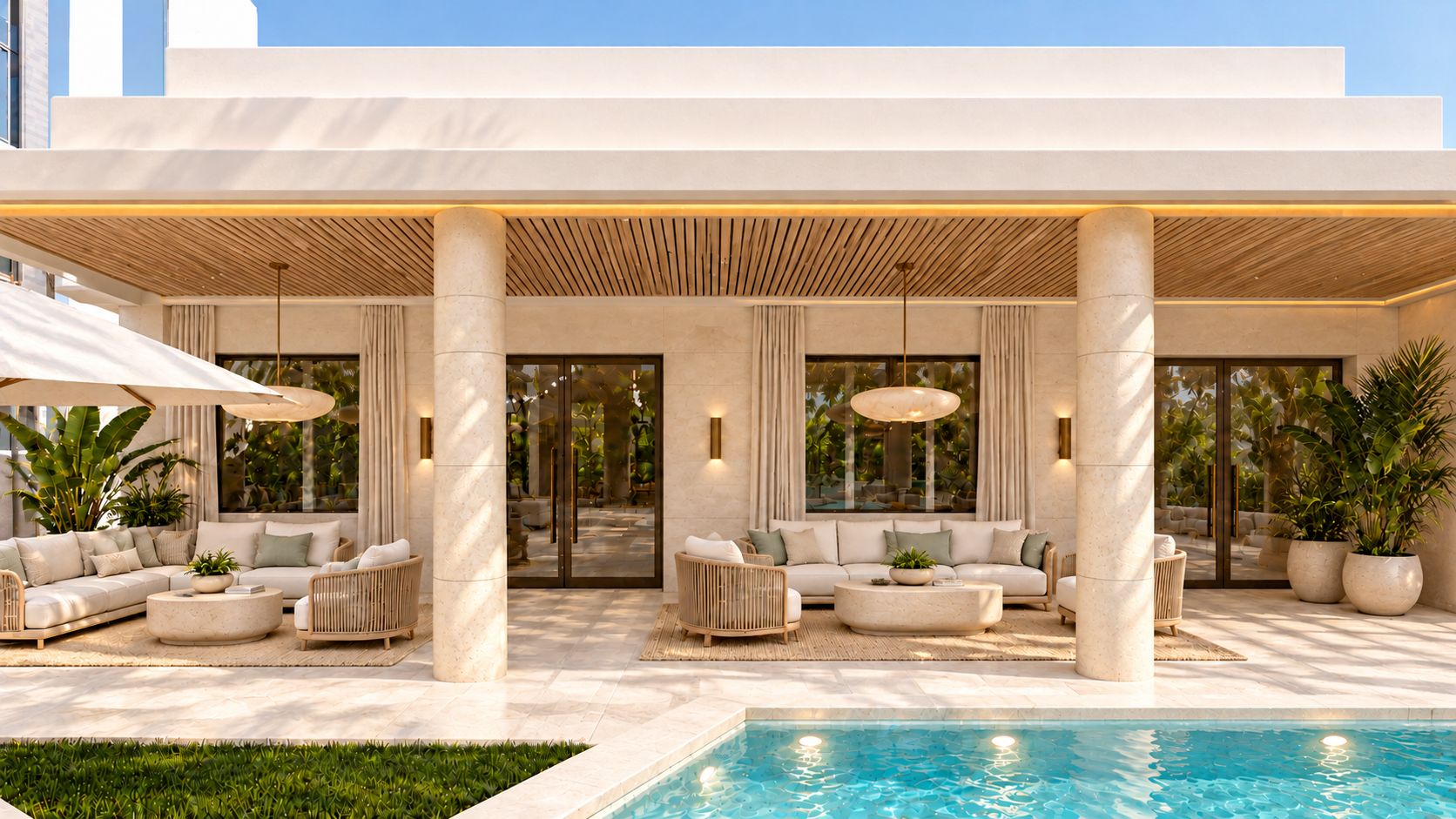 Terraza lounge de Wind Tower con columnas de caliza ivory, sofás crema y piscina, propuesta de Héctor Bolívar en Santo Domingo.