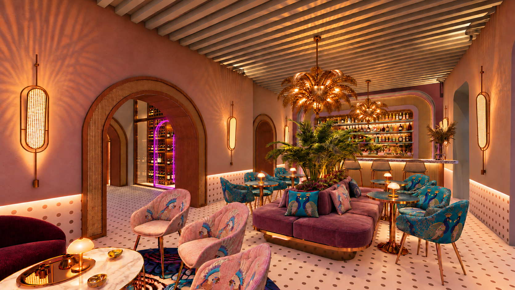 Visualización de Mercado Colón: salón y bar con cava llena de vinos, iluminación cálida, apliques originales y vegetación.