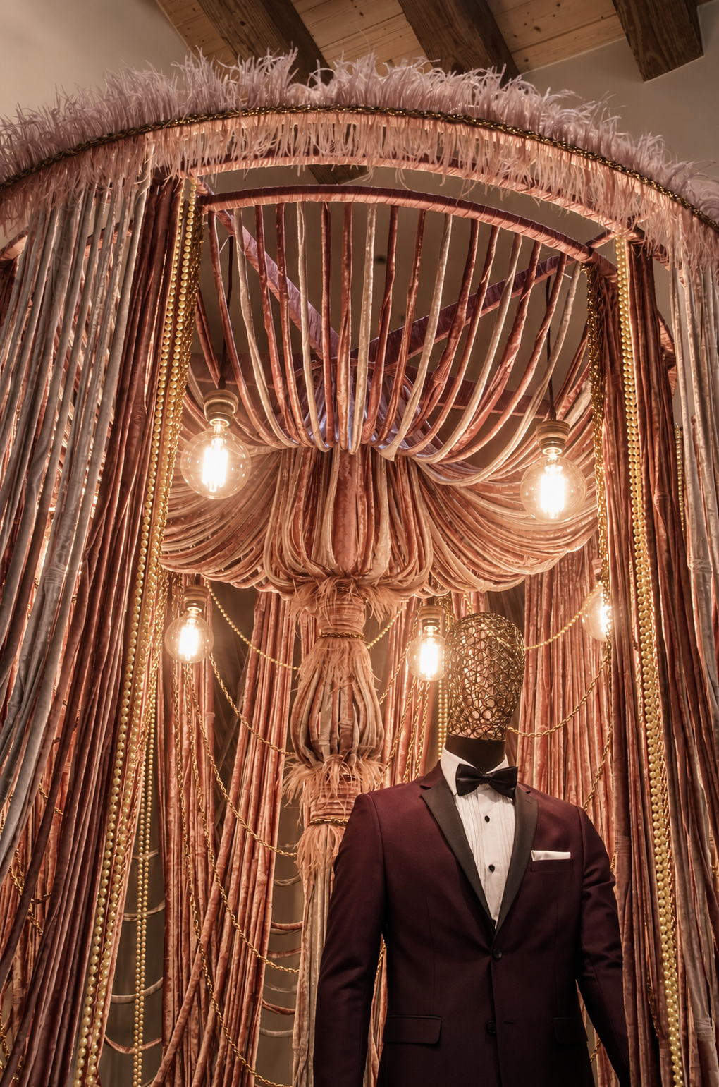 Detalle del traje burdeos, cabeza de malla metálica y dosel iluminado del montaje masculino.