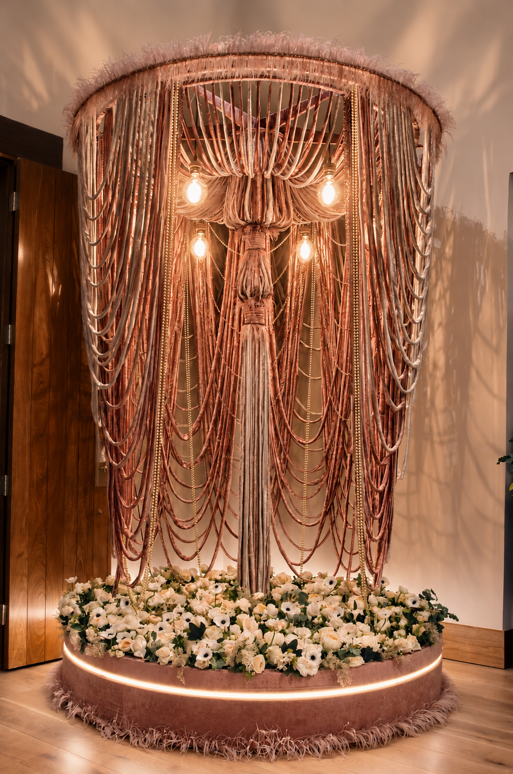 Stand vacío de Bridal Fashion Week 2024, drapeados de terciopelo y base floral con luz cálida continua.