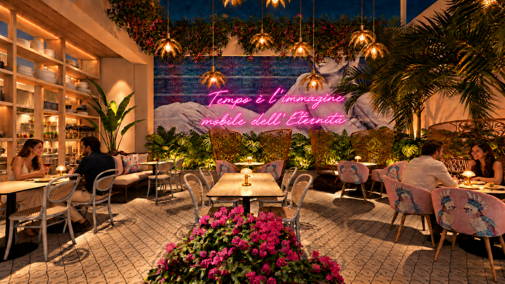 Visualización de Mercado Colón: terraza nocturna con personas, mural en sus colores originales, frase completa en neón fucsia y vegetación.
