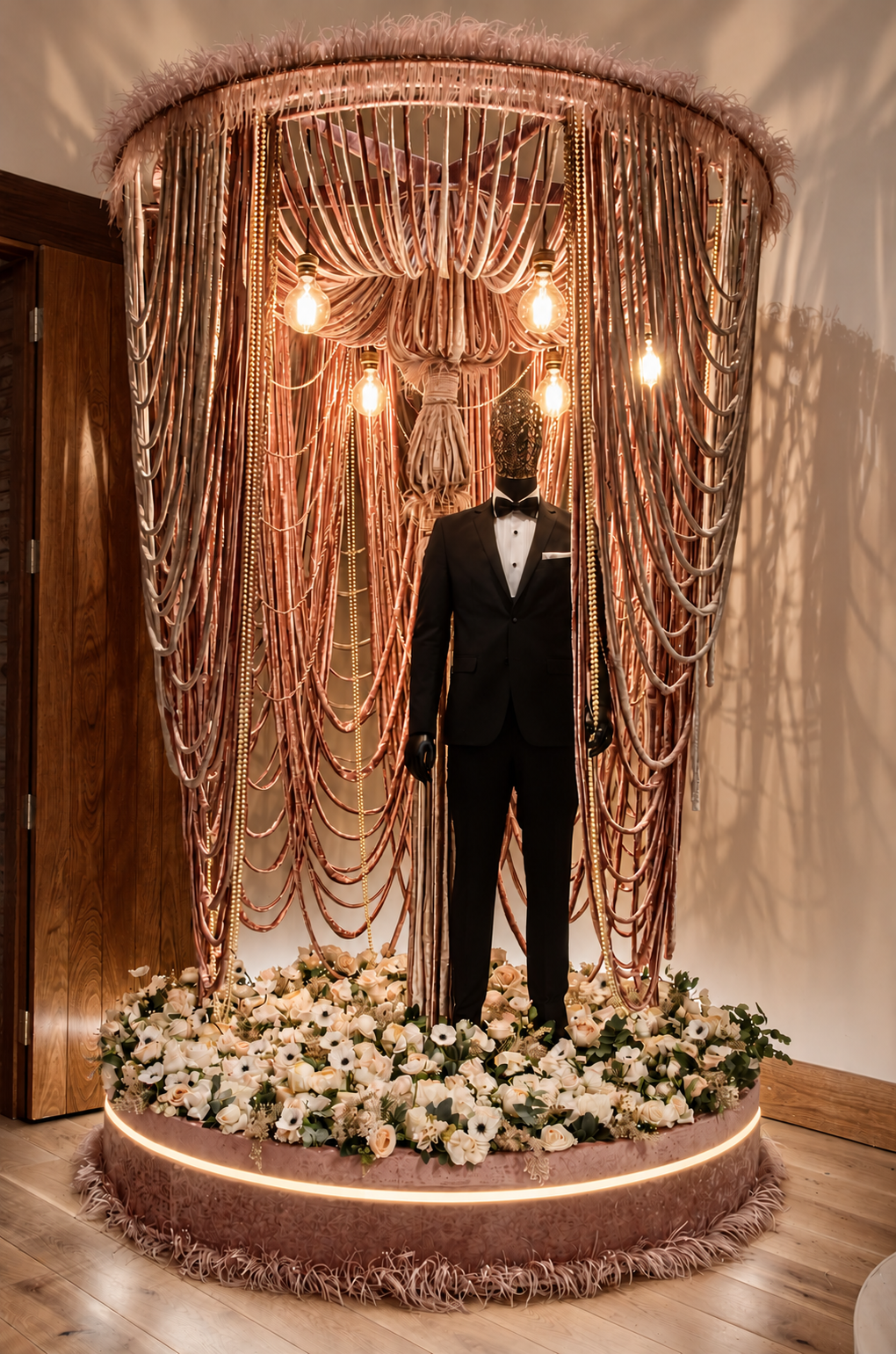 Stand con maniquí masculino y esmoquin, base floral e iluminación cálida continua.