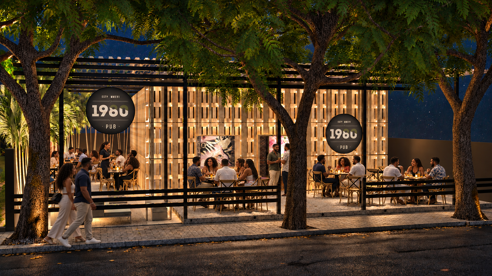 Fachada de 1980 Pub en Santiago, con upcycling de palets de madera y terraza iluminada.