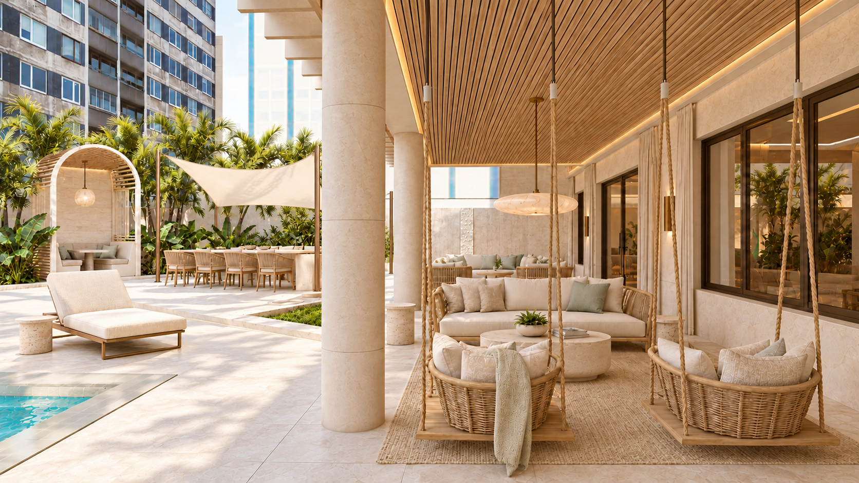 Lounge cubierto de Wind Tower con columpios tejidos, textiles crema y techo de madera con iluminación indirecta.