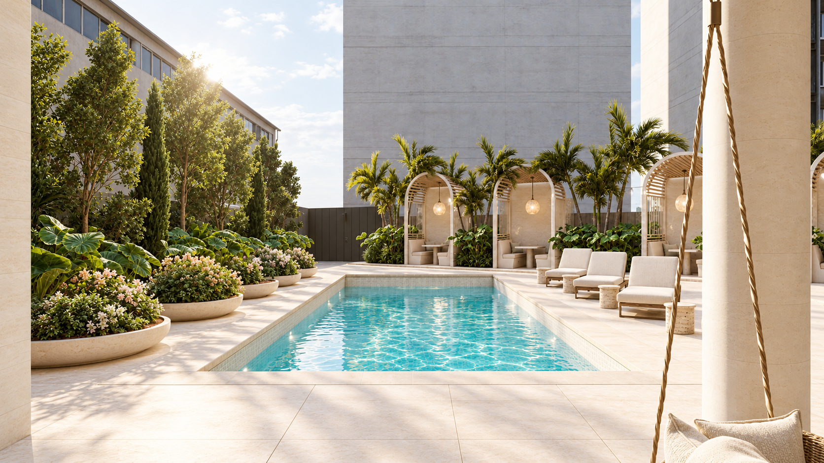 Vista frontal de la piscina de Wind Tower con jardines tropicales, flores blancas y pavimento de caliza clara.