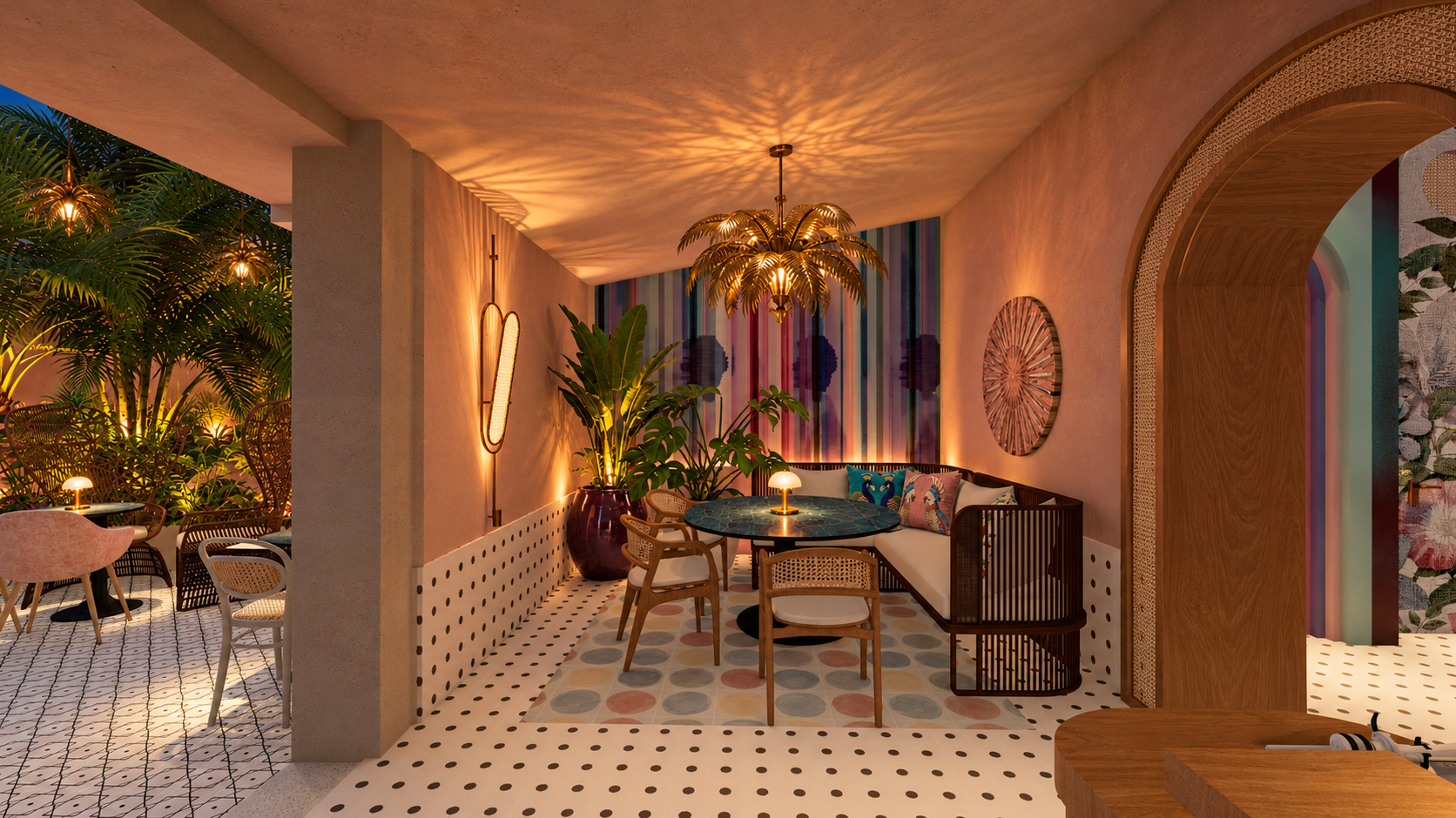 Visualización de Mercado Colón: rincón de comedor con mobiliario de madera y chandelier dorado.