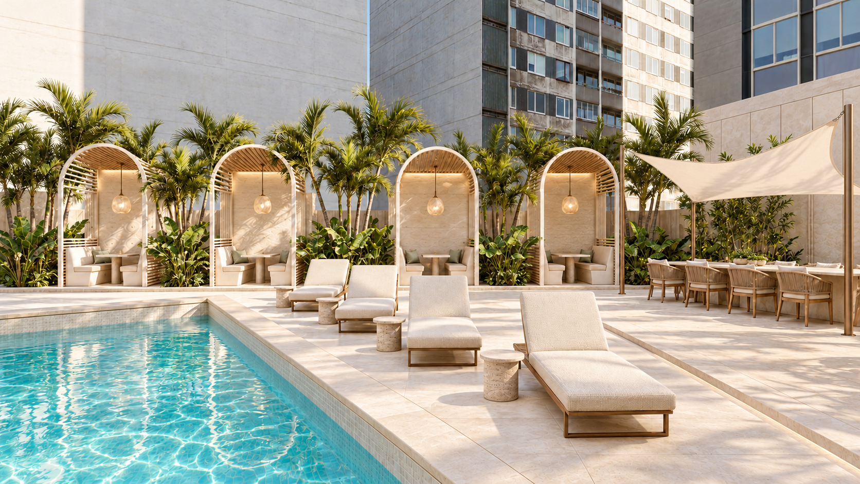 Piscina de Wind Tower con tumbonas crema, cabanas de madera y comedor exterior bajo velaria ivory.