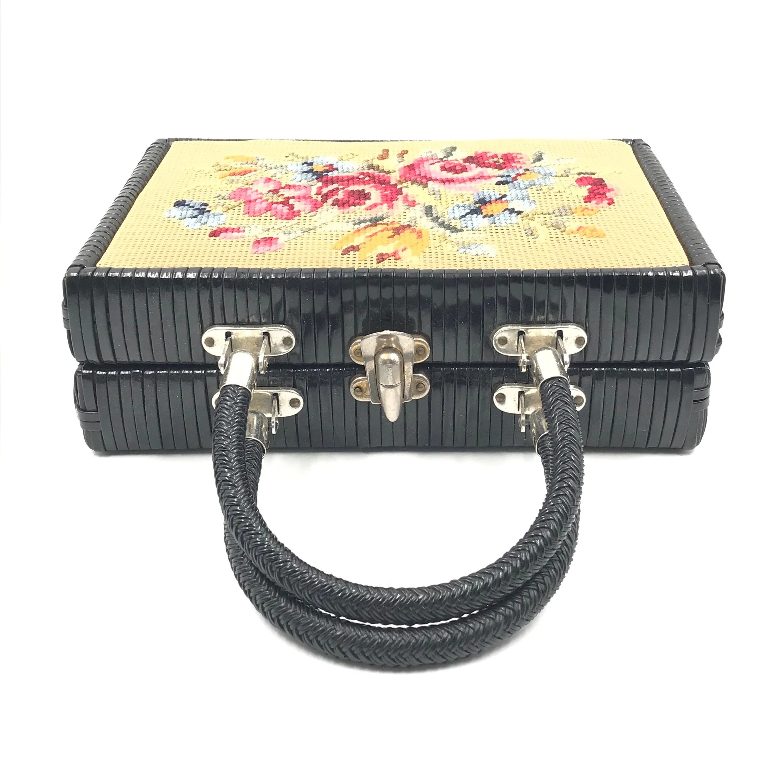 1950s Embroidered Wicker Handbag