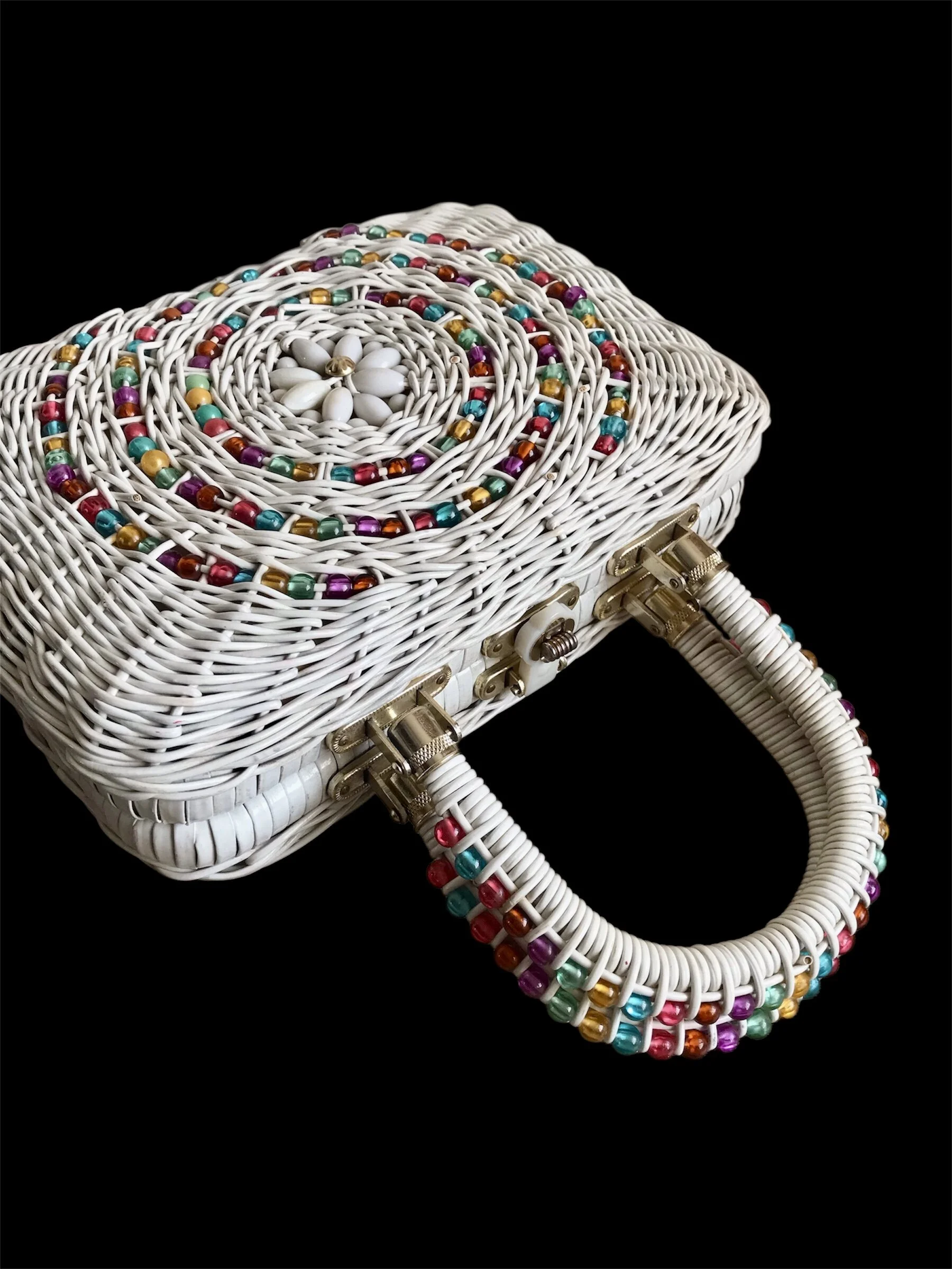 1950s Rainbow Beaded Wicker Handbag 🌈