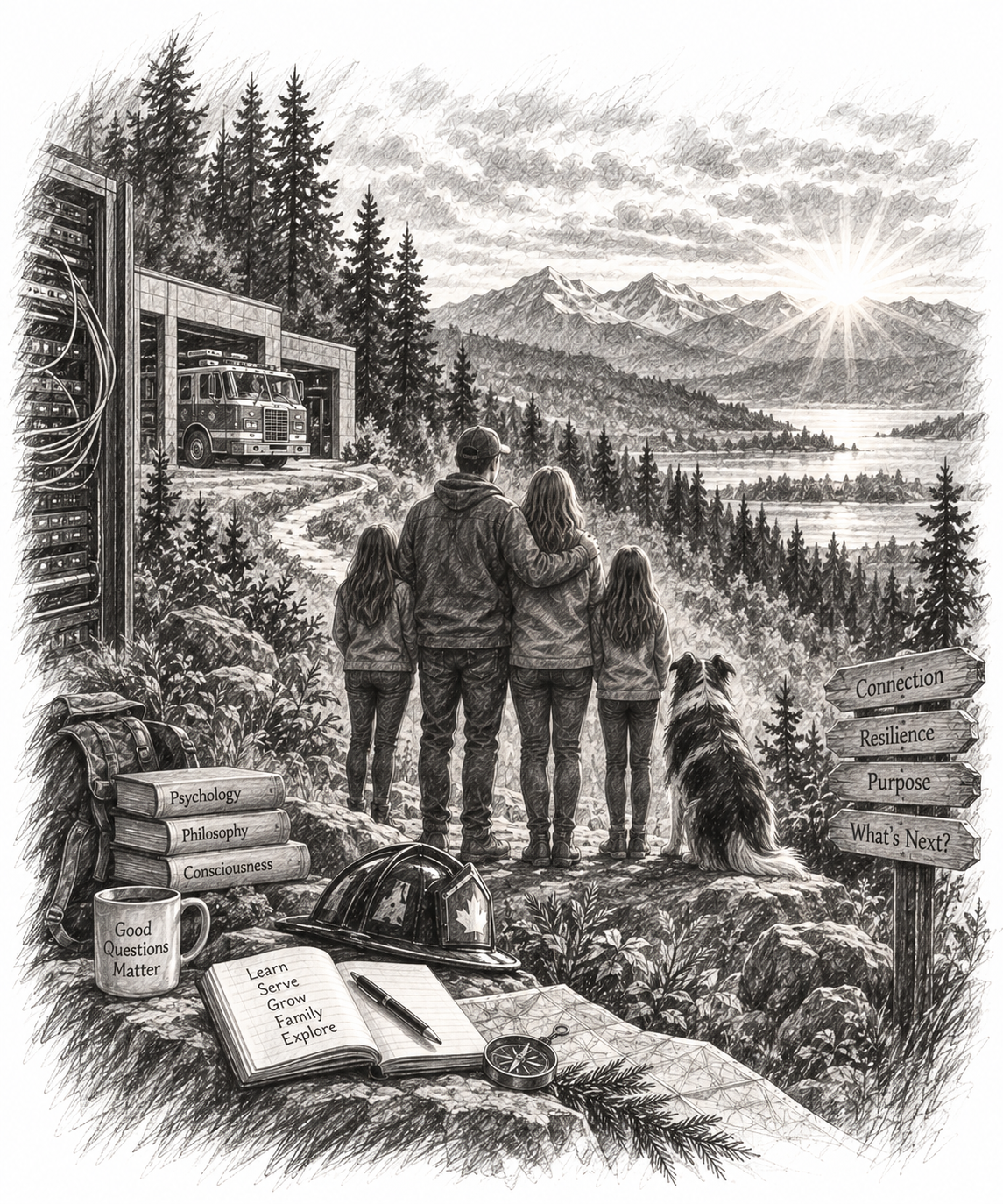 Charcoal illustration of a family overlooking a mountain landscape, surrounded by symbols of firefighting, learning, resilience, purpose, and life transition.