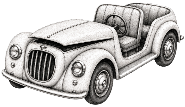 Charcoal illustration of a vintage roadster with its hood open, representing common relationship issues brought into couples therapy for repair and growth.
