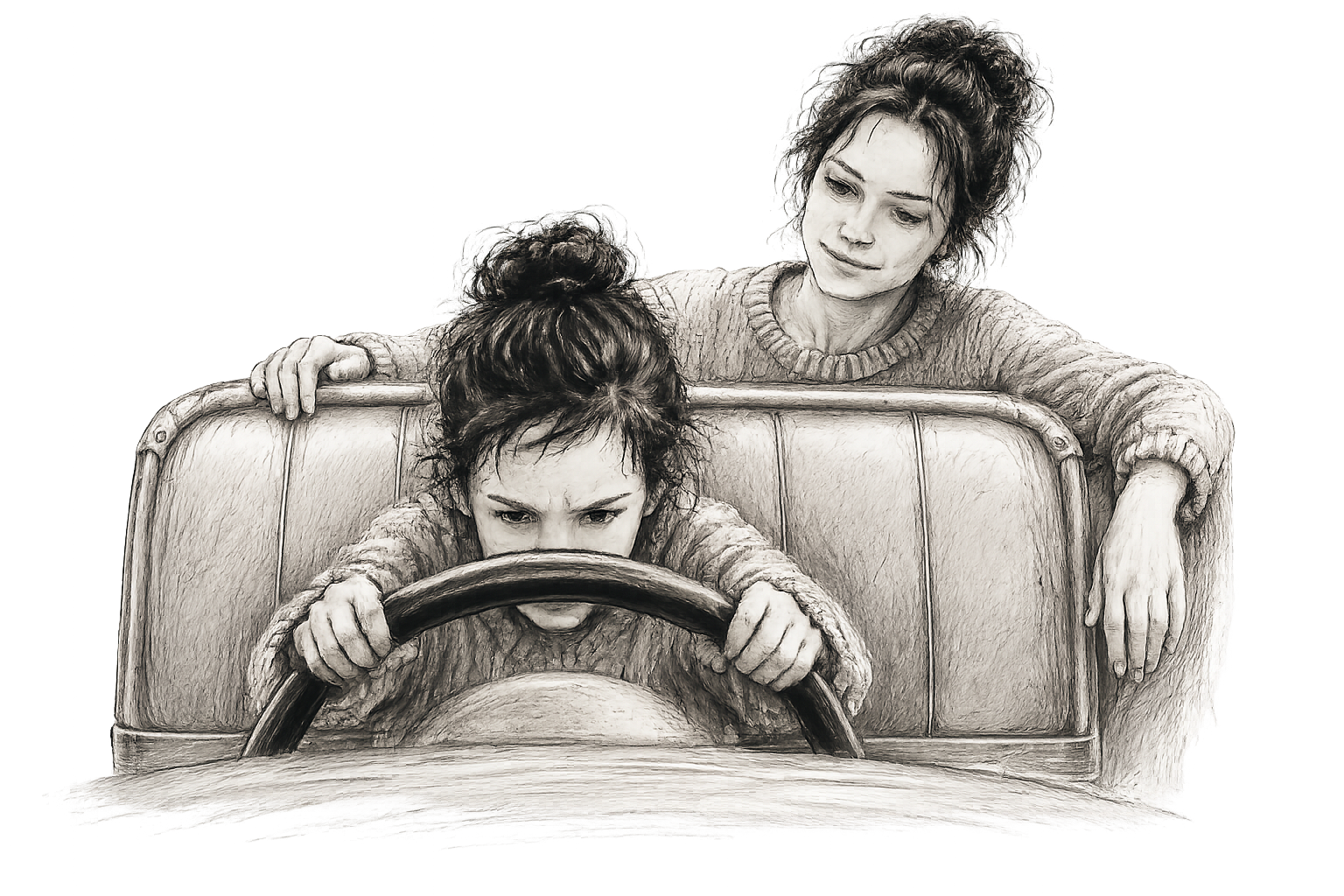 Charcoal illustration of a young girl at the steering wheel with her Wise Adult behind her, representing protective parts, self-leadership, and nervous system healing.