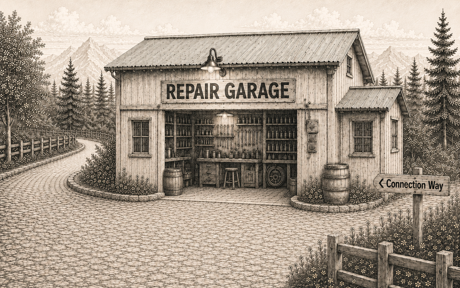 Charcoal illustration of a repair garage, representing the safe space where couples explore, repair, and strengthen their relationship.