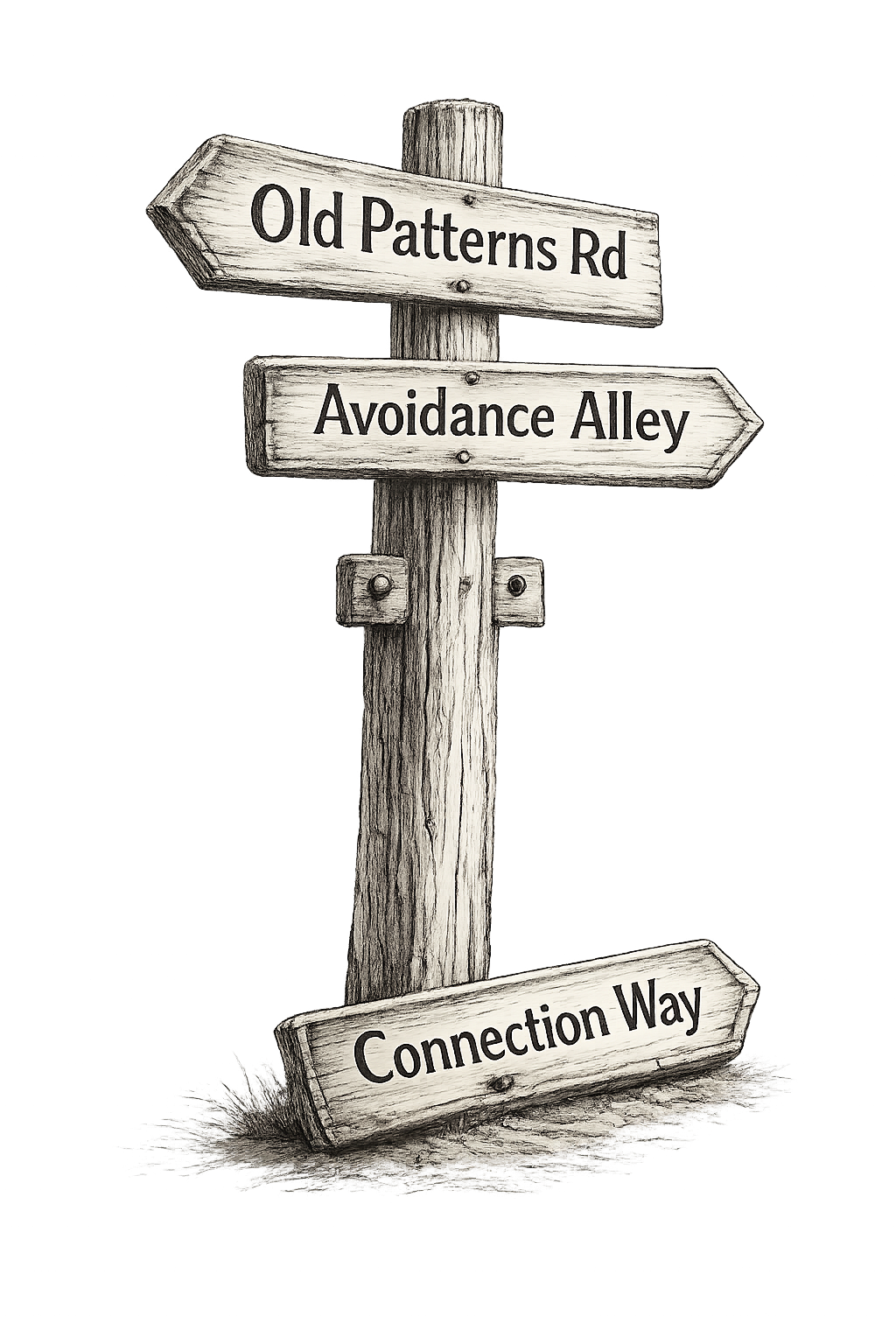 Charcoal sketch of a wooden signpost labeled "Old Patterns Rd" and "Avoidance Alley," with a fallen "Connection Way" sign leaning against the base.