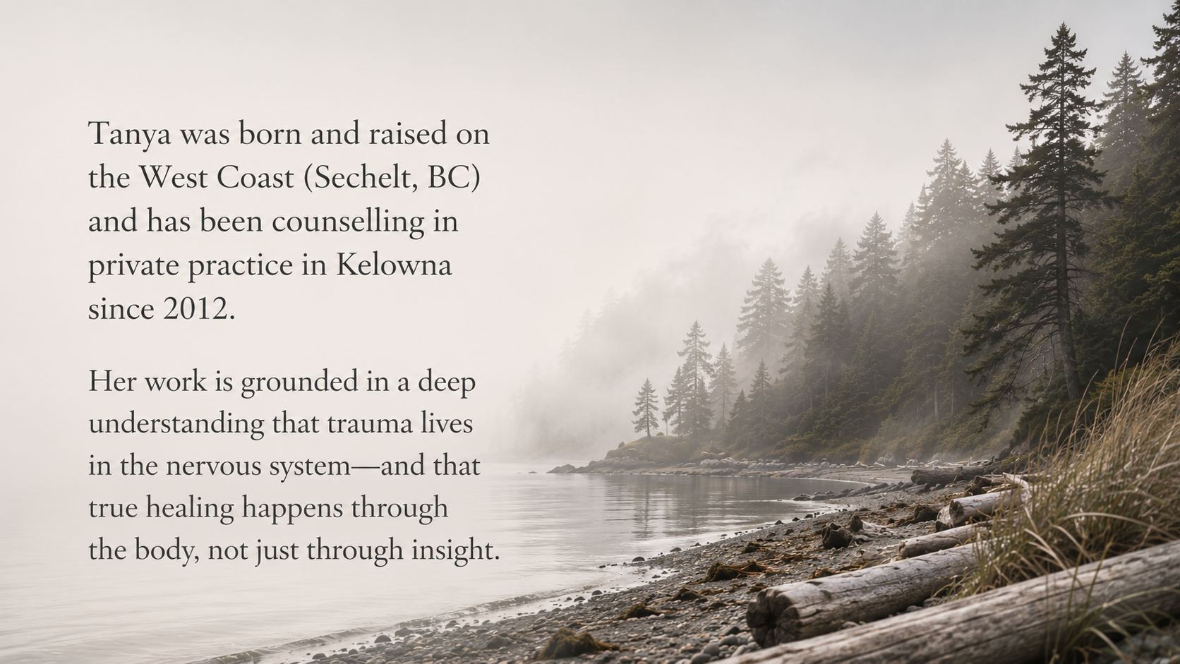 Foggy West Coast shoreline with driftwood and coastal trees, reflecting the calm, grounded atmosphere of Tanya Wishlove’s somatic trauma therapy practice and her roots in Sechelt, BC.