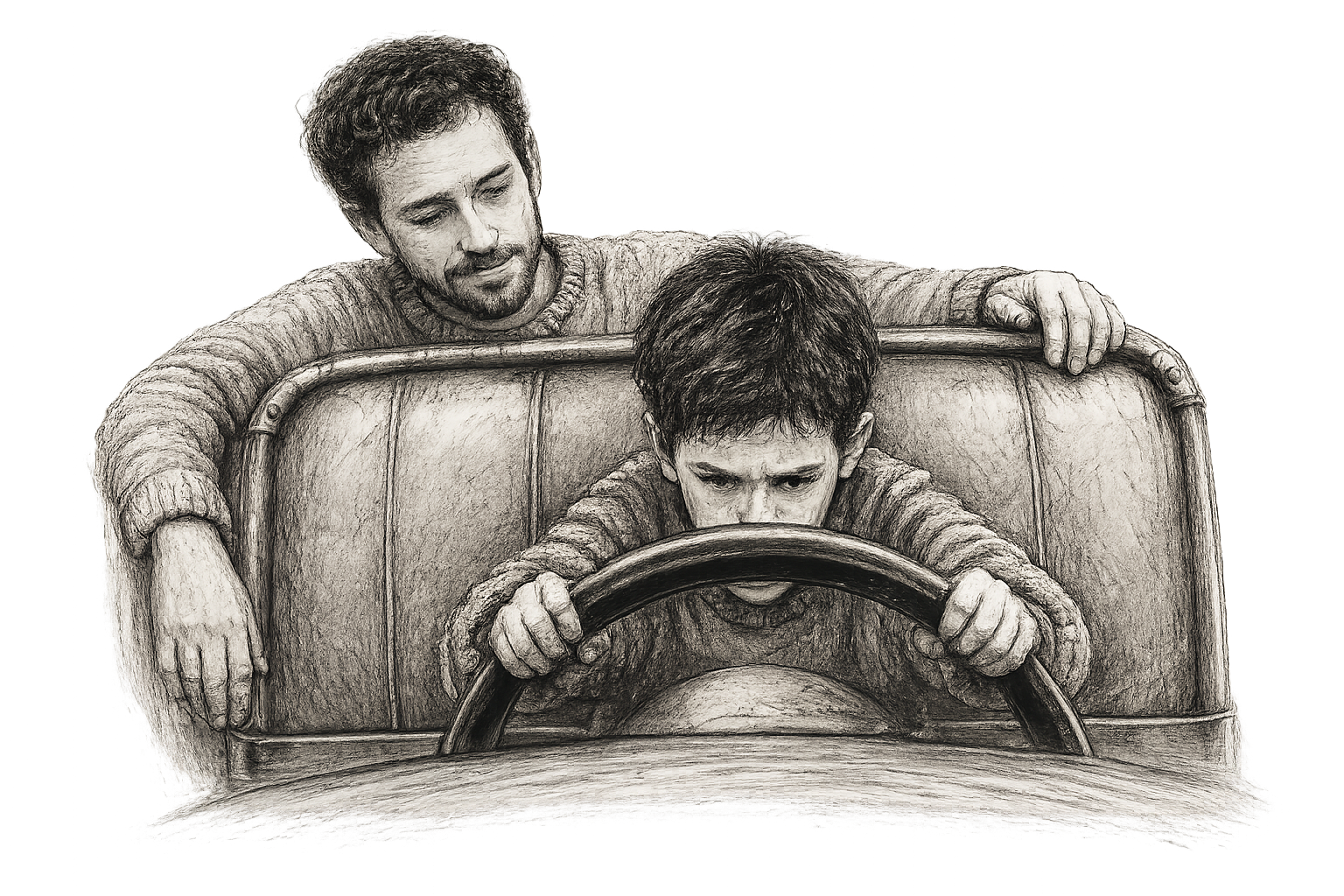 Charcoal illustration of a young boy at the steering wheel with his Wise Adult behind him, representing protective parts, self-leadership, and nervous system healing.