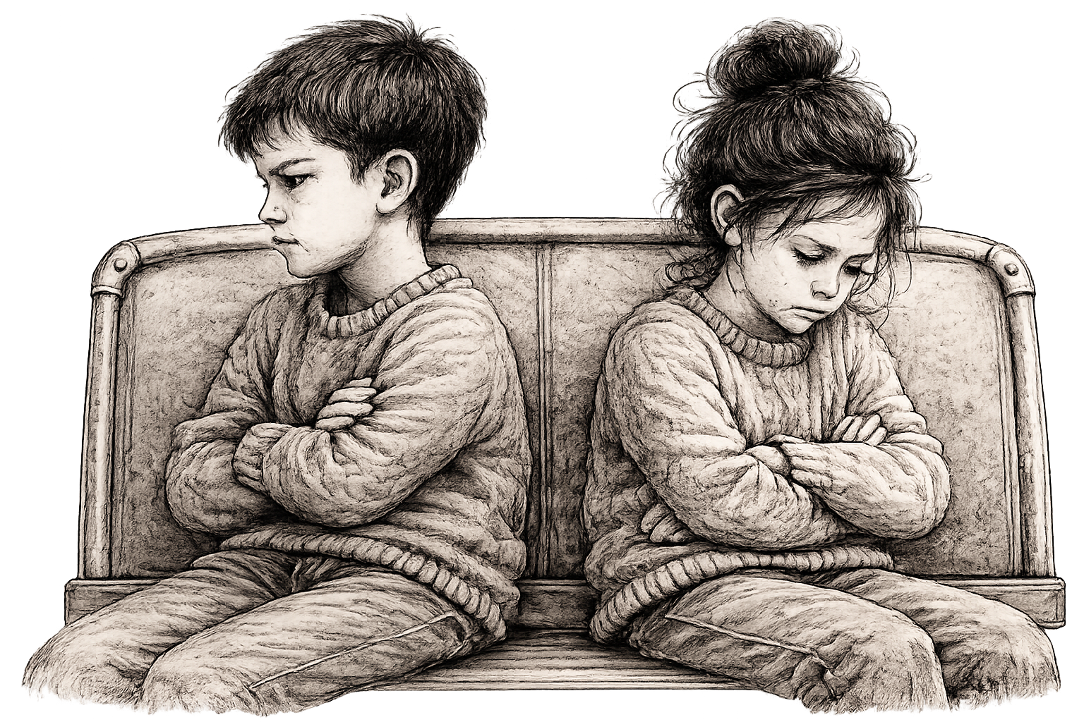 Charcoal sketch of two children sitting back-to-back on a bench with crossed arms, symbolizing emotional disconnection and protective patterns in relationships.