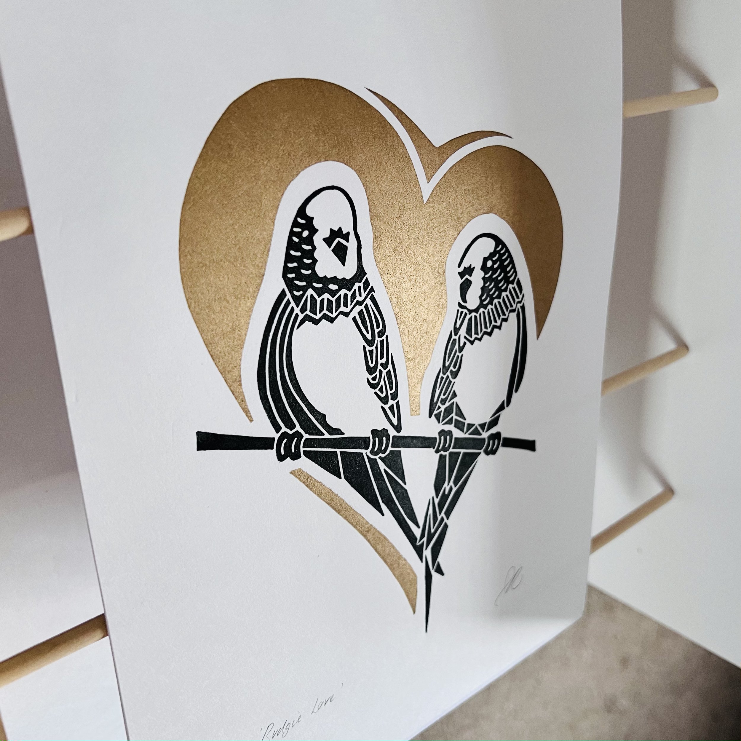 Budgie Love Lino print by Sarah Ransome