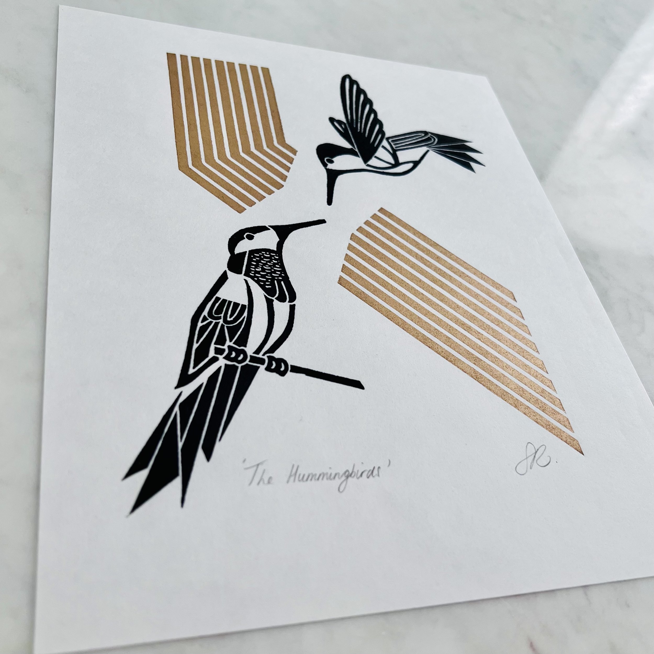 The Hummingbirds Lino print by Sarah Ransome