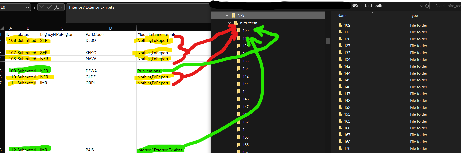 Excel sheet matched to Folders from Database